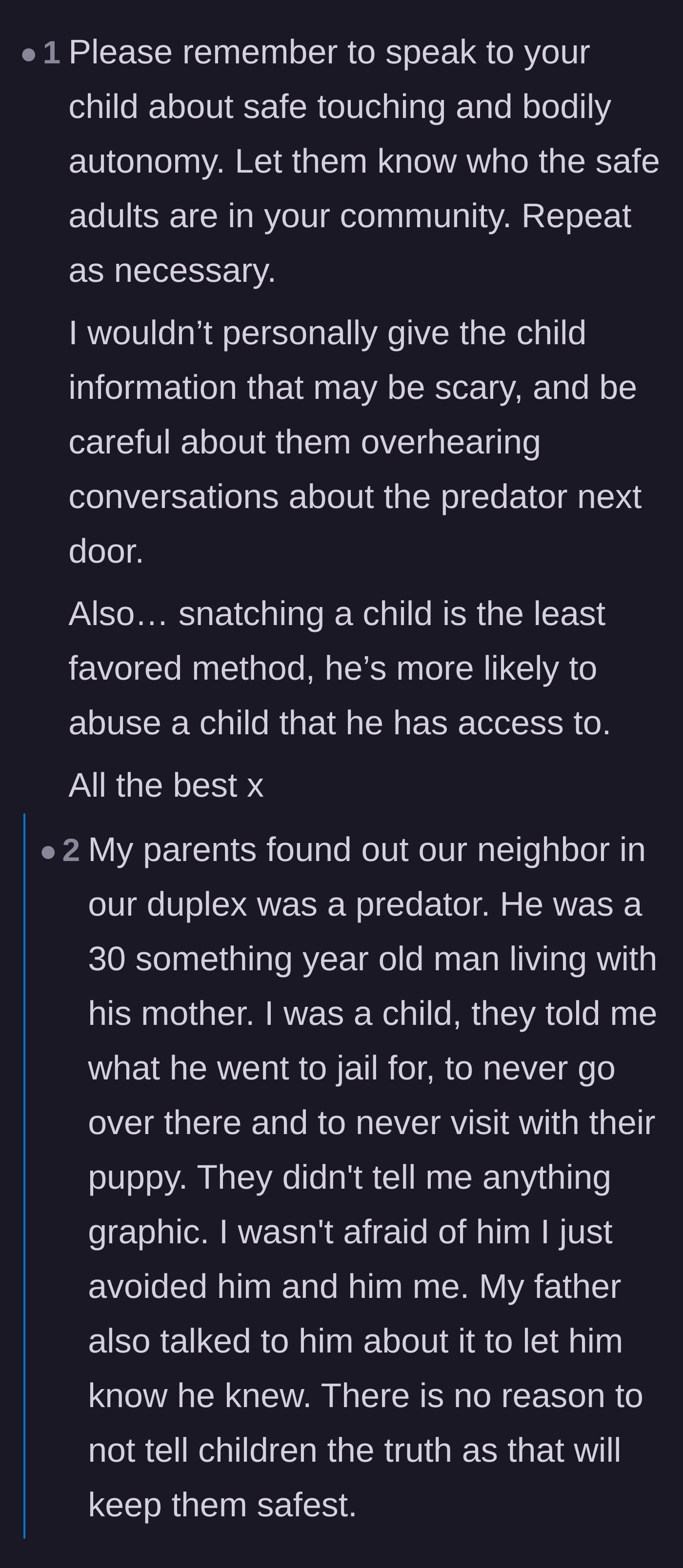 Comment thread 3 - Parents debate the heartbreaking necessity of teaching children about dangerous adults without traumatizing them.