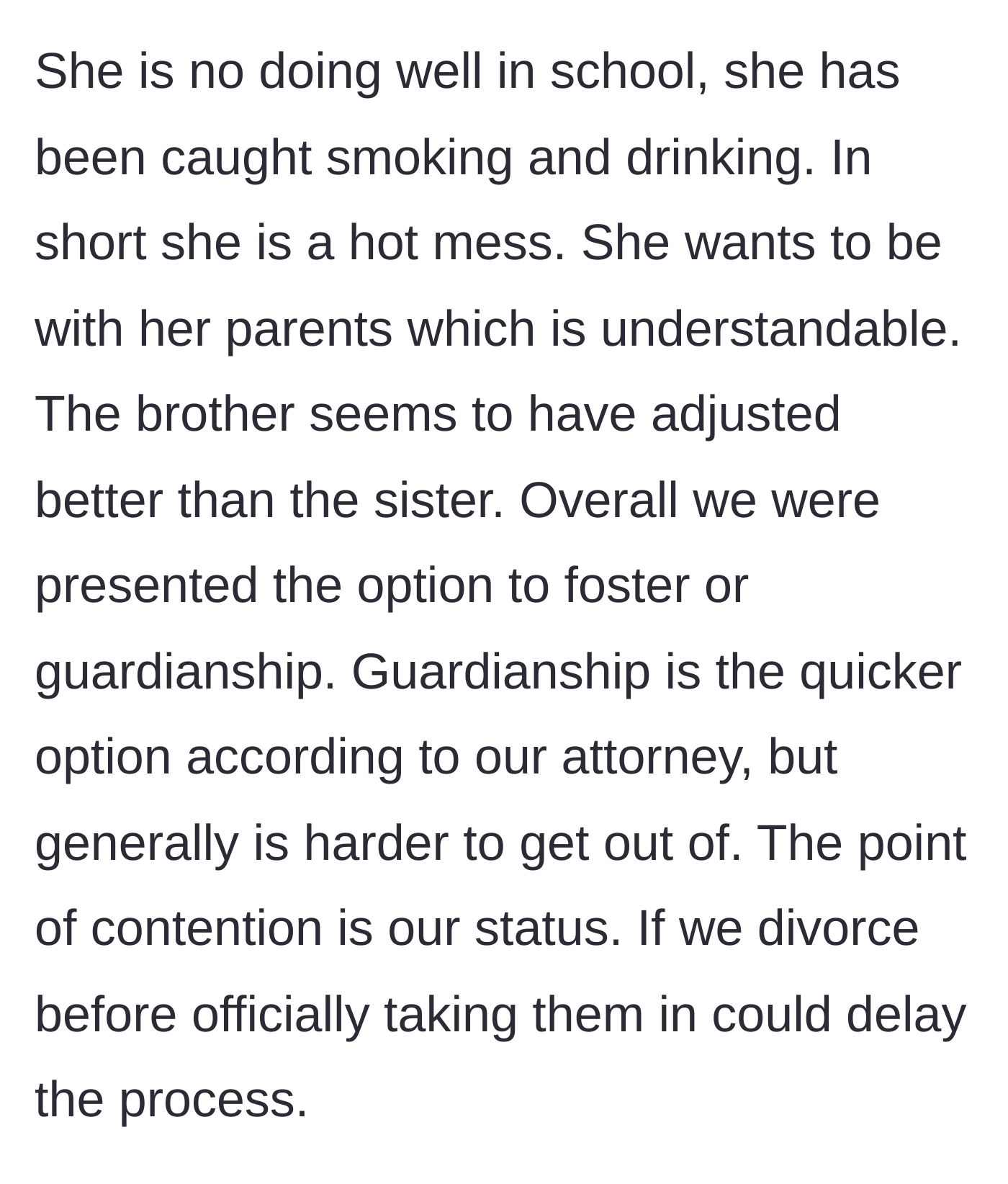Story part 8 - The legal options presented for custody and the revelation that a divorce would complicate the guardianship process.