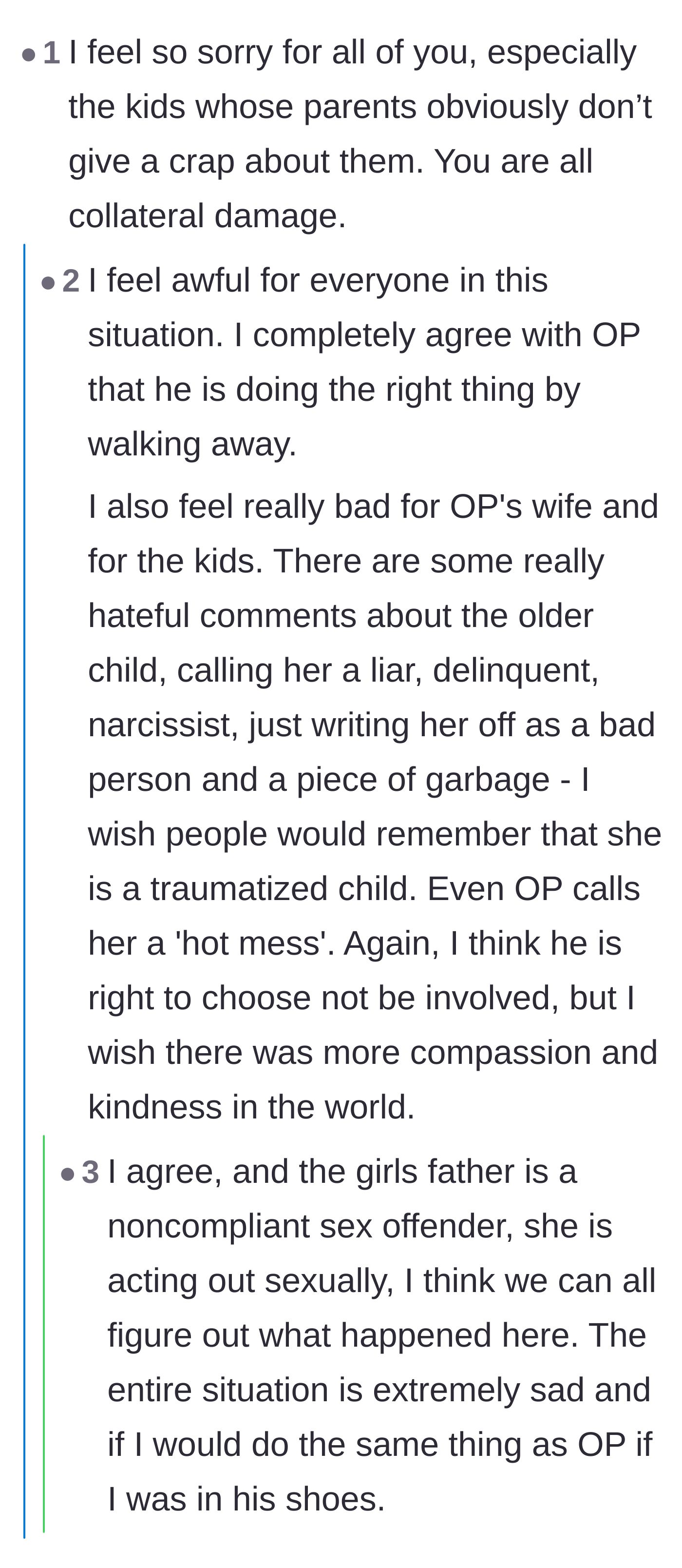 Comment thread 1 - A discussion about showing compassion for the troubled teenage niece who is acting out due to trauma.