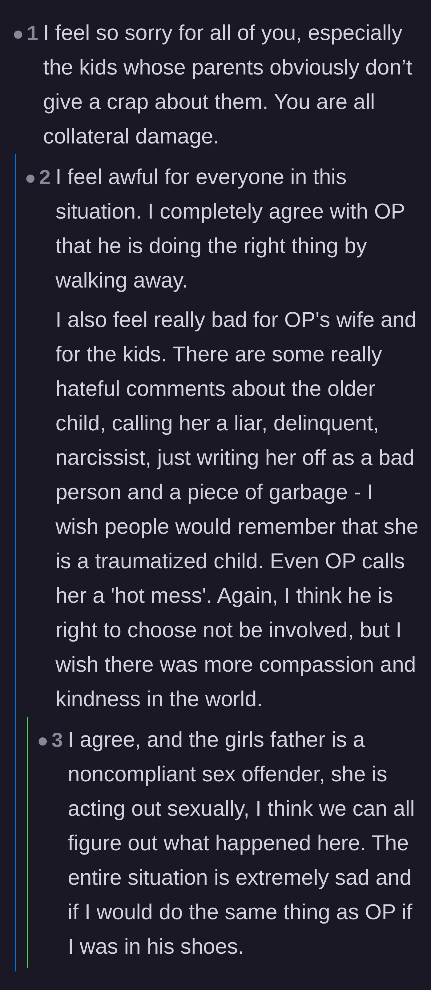 Comment thread 1 - A discussion about showing compassion for the troubled teenage niece who is acting out due to trauma.