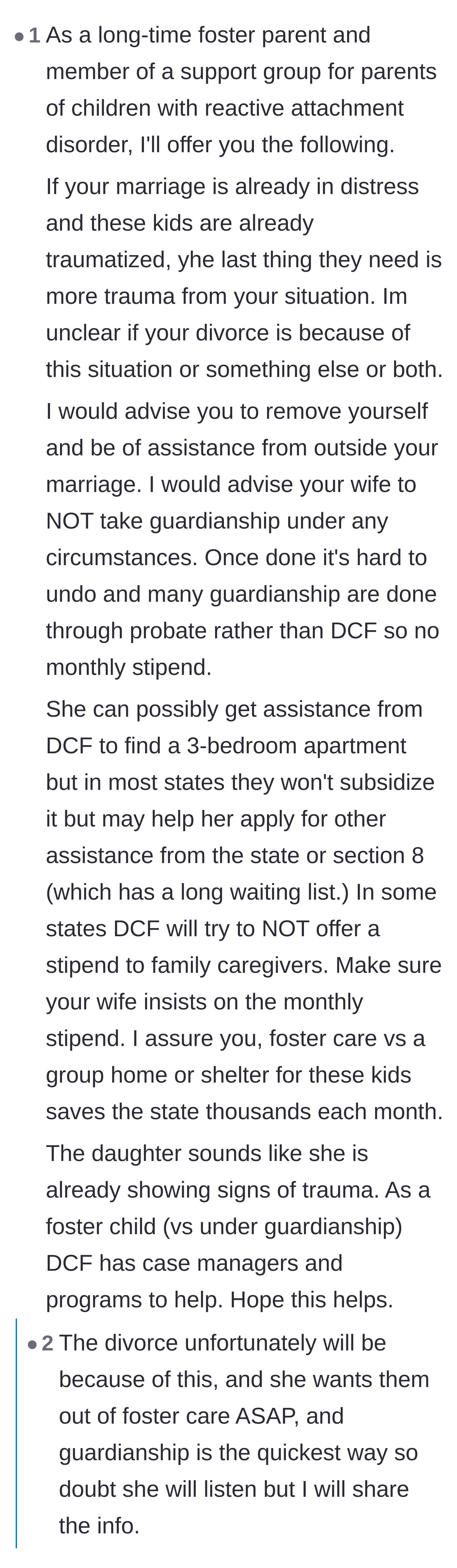 Comment thread 3 - Advice from a foster parent urging the wife not to take guardianship and warning of the bureaucratic traps.