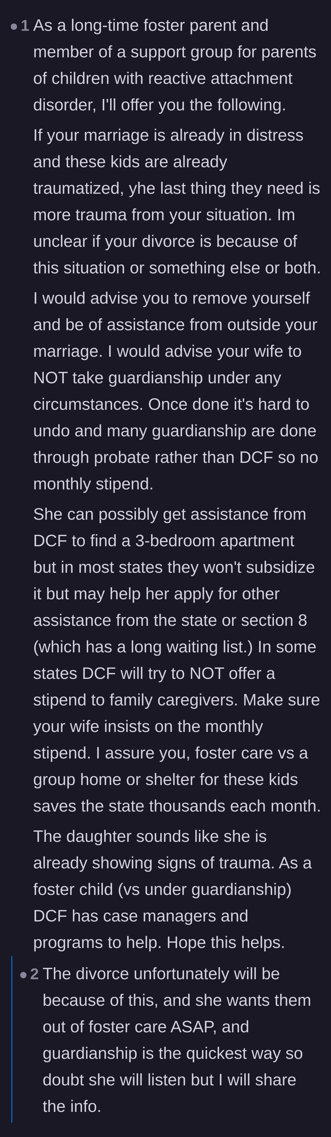 Comment thread 3 - Advice from a foster parent urging the wife not to take guardianship and warning of the bureaucratic traps.