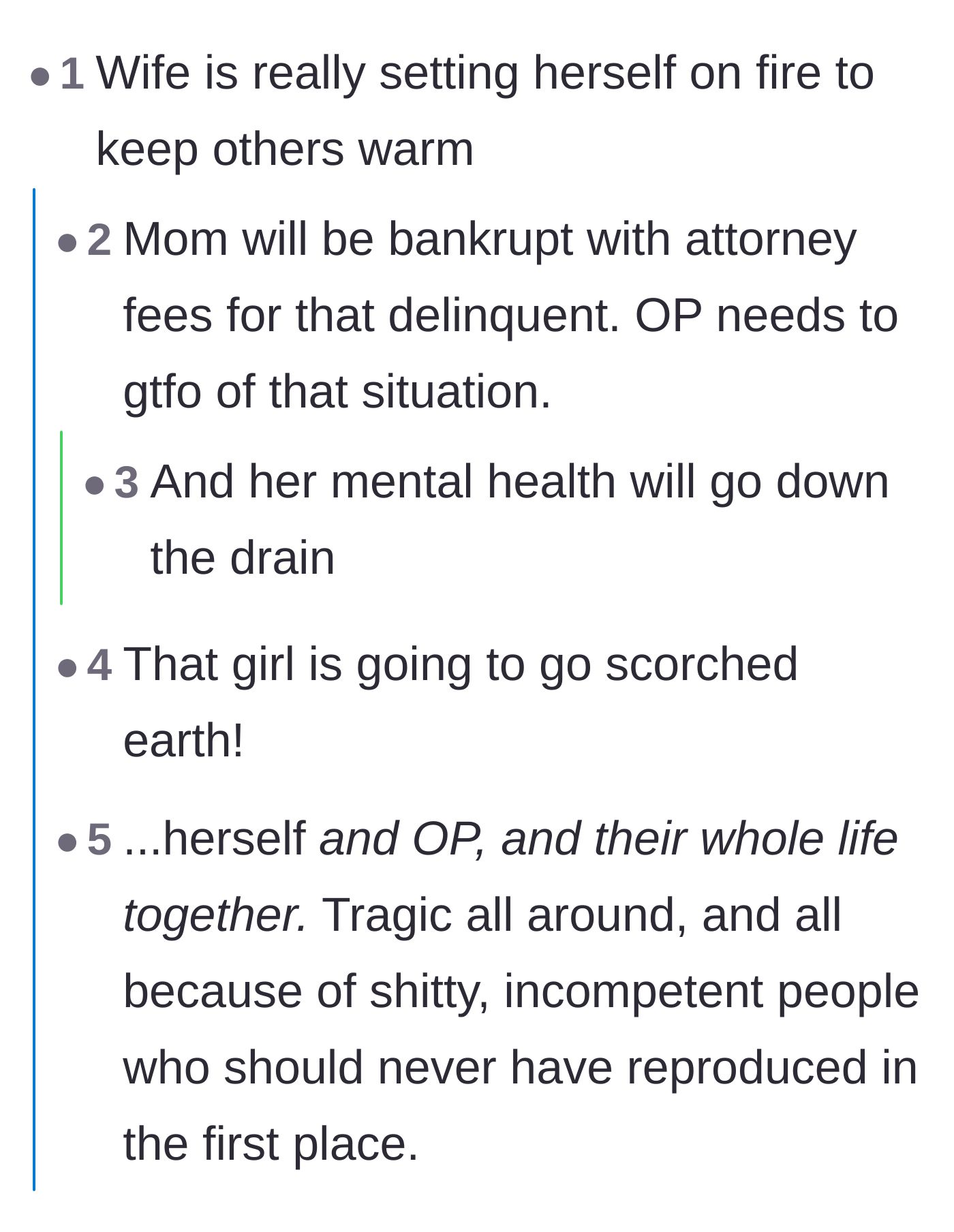 Comment thread 4 - Brief comments pointing out that the wife is sacrificing her own well-being and marriage for this situation.