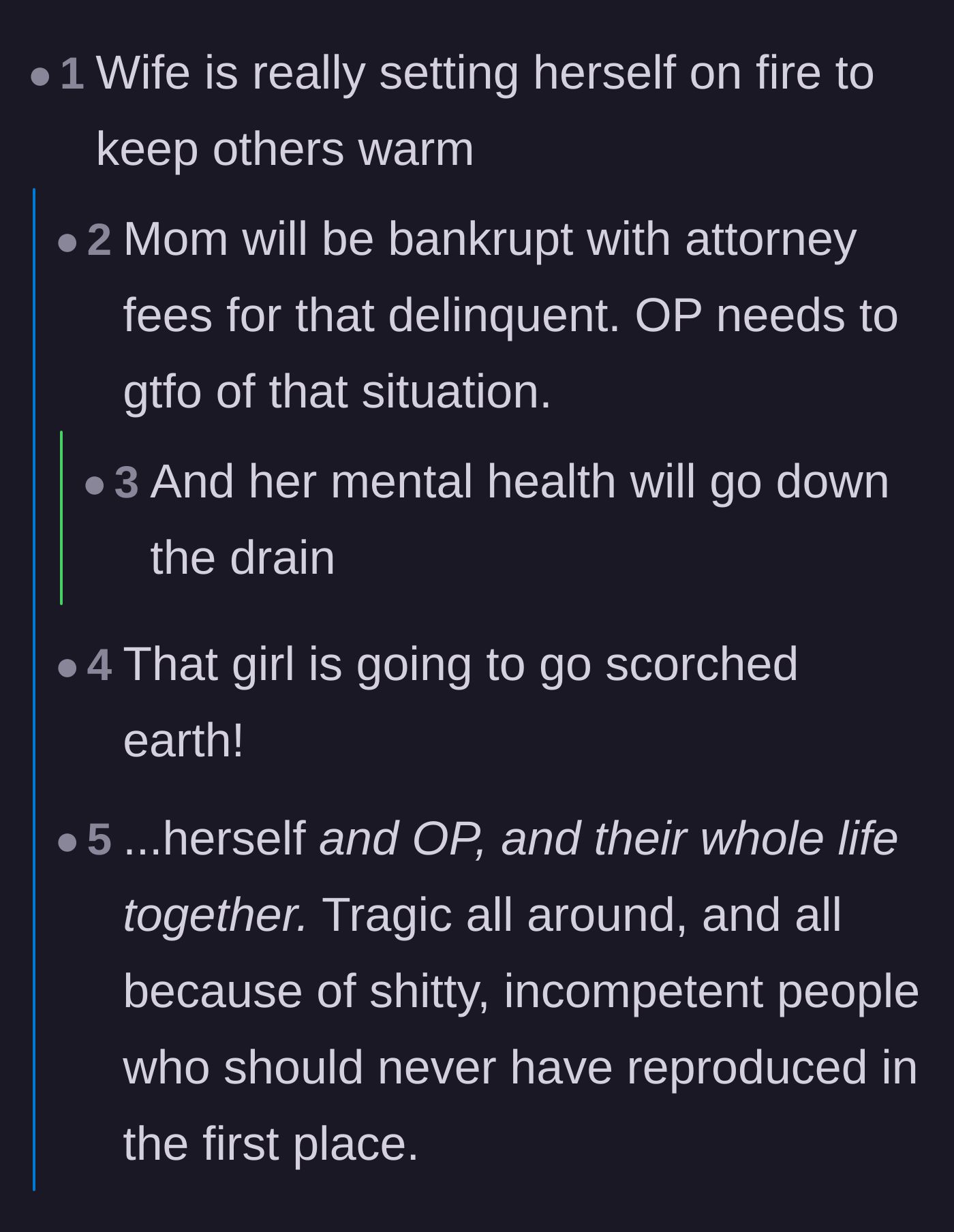 Comment thread 4 - Brief comments pointing out that the wife is sacrificing her own well-being and marriage for this situation.