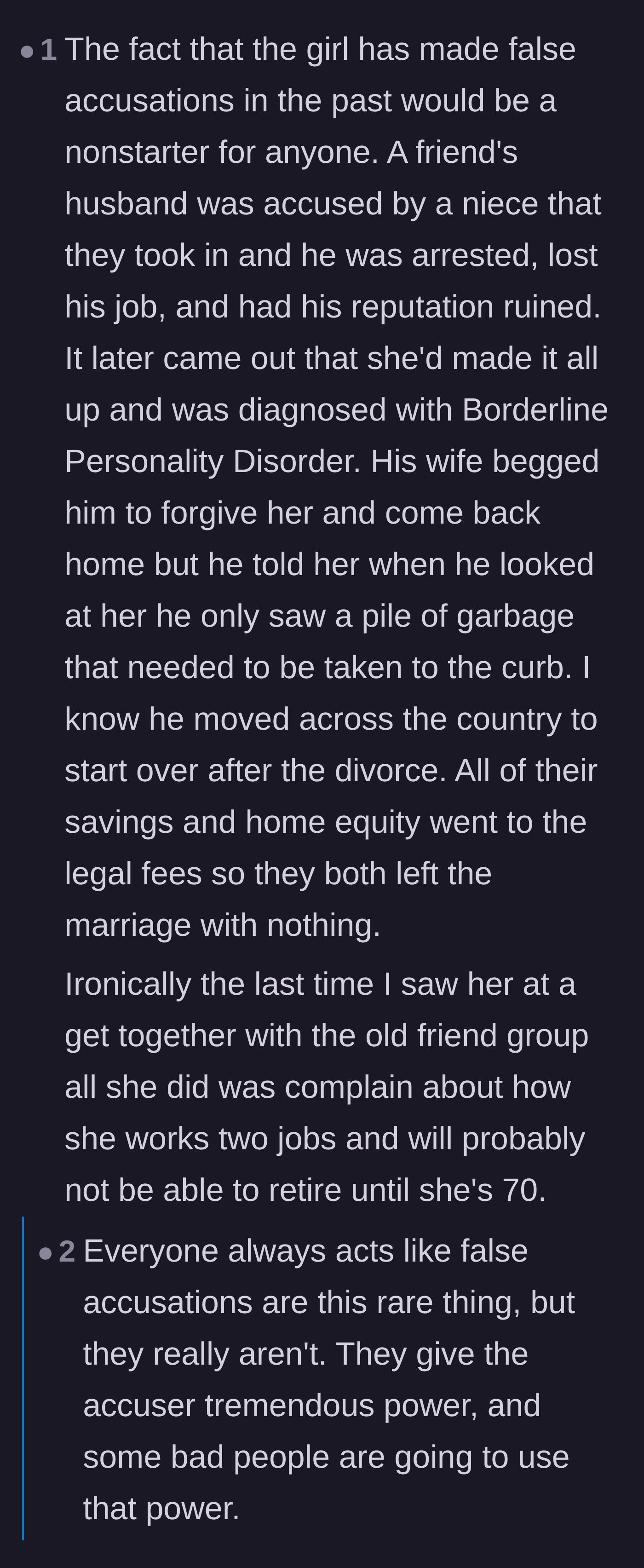 Comment thread 5 - Personal anecdotes about the devastating consequences of false accusations from troubled foster children.