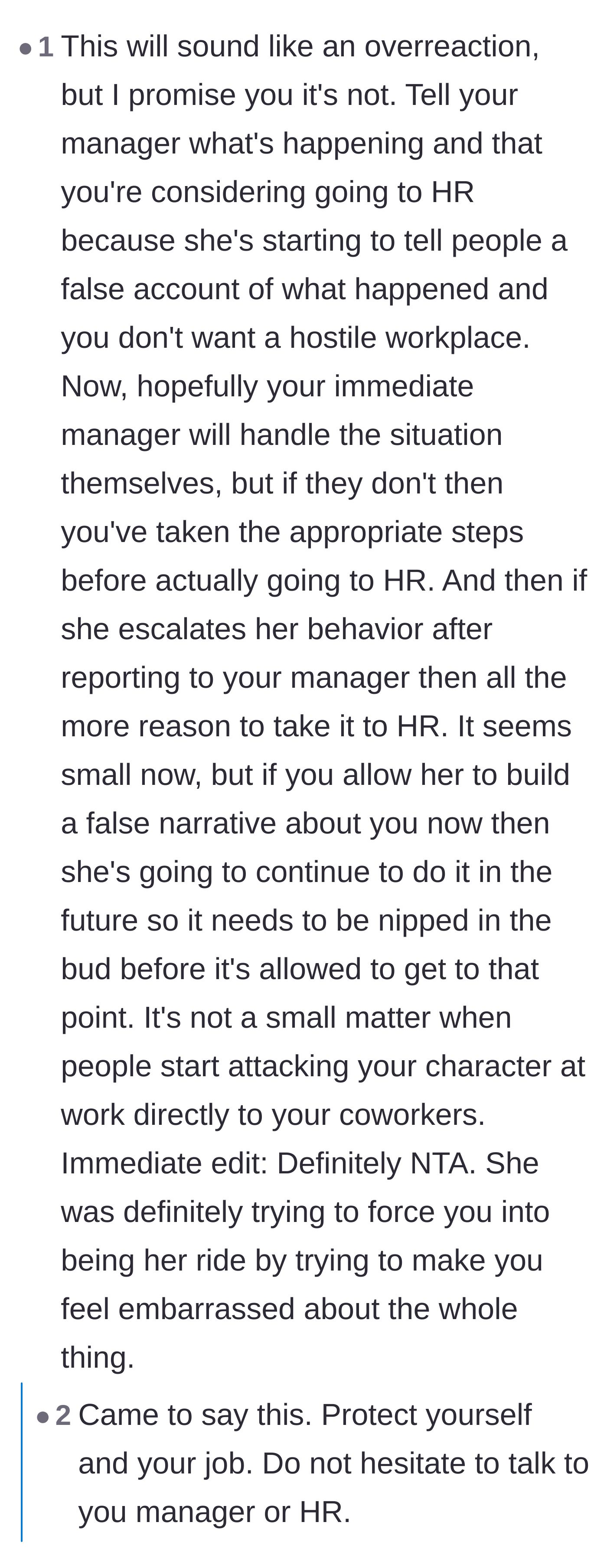 Comment thread 1 - Advice on building a paper trail with management to prevent the coworker from controlling the narrative.