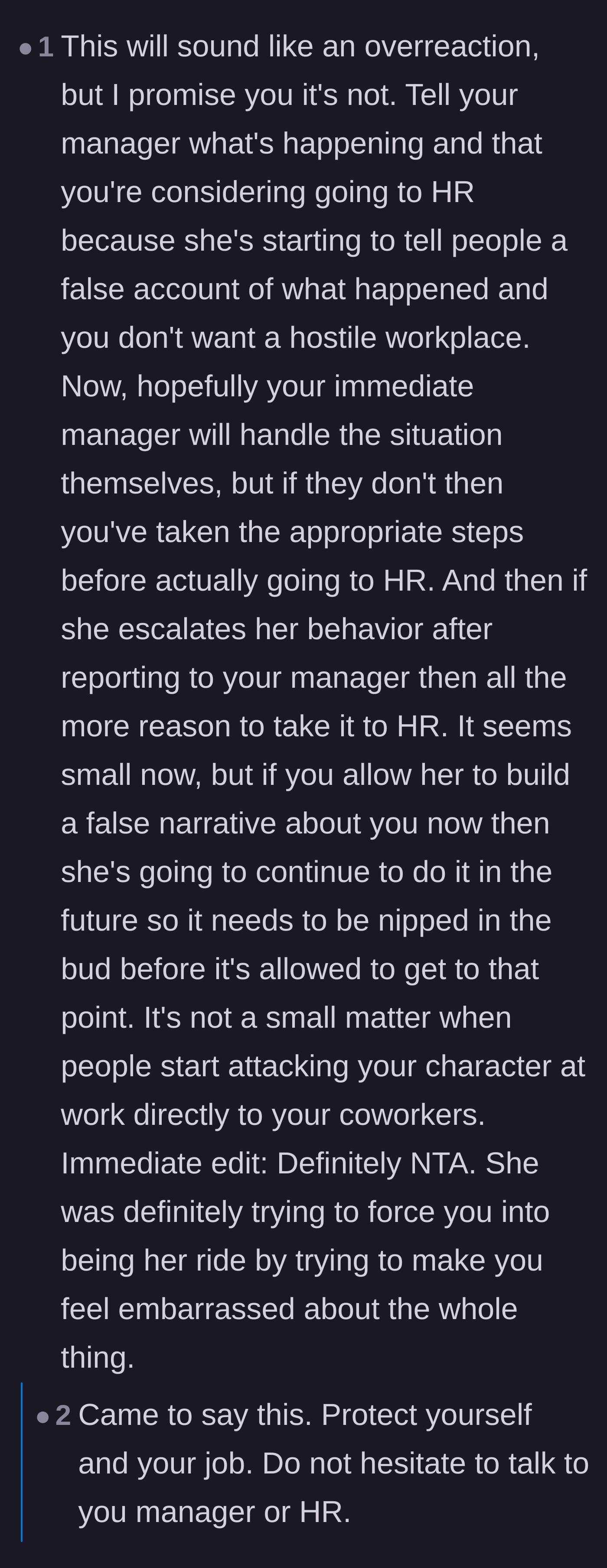 Comment thread 1 - Advice on building a paper trail with management to prevent the coworker from controlling the narrative.