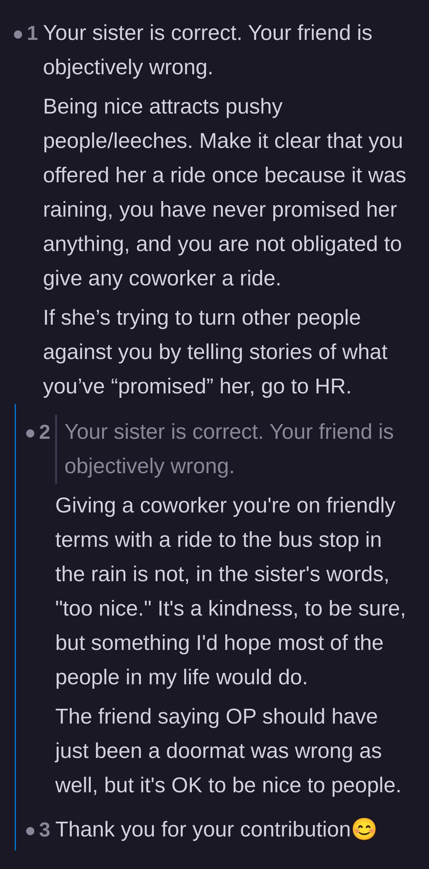 Comment thread 3 - Debating the sister's advice versus the friend's doormat mentality and analyzing 'corporate hobosexuals.'