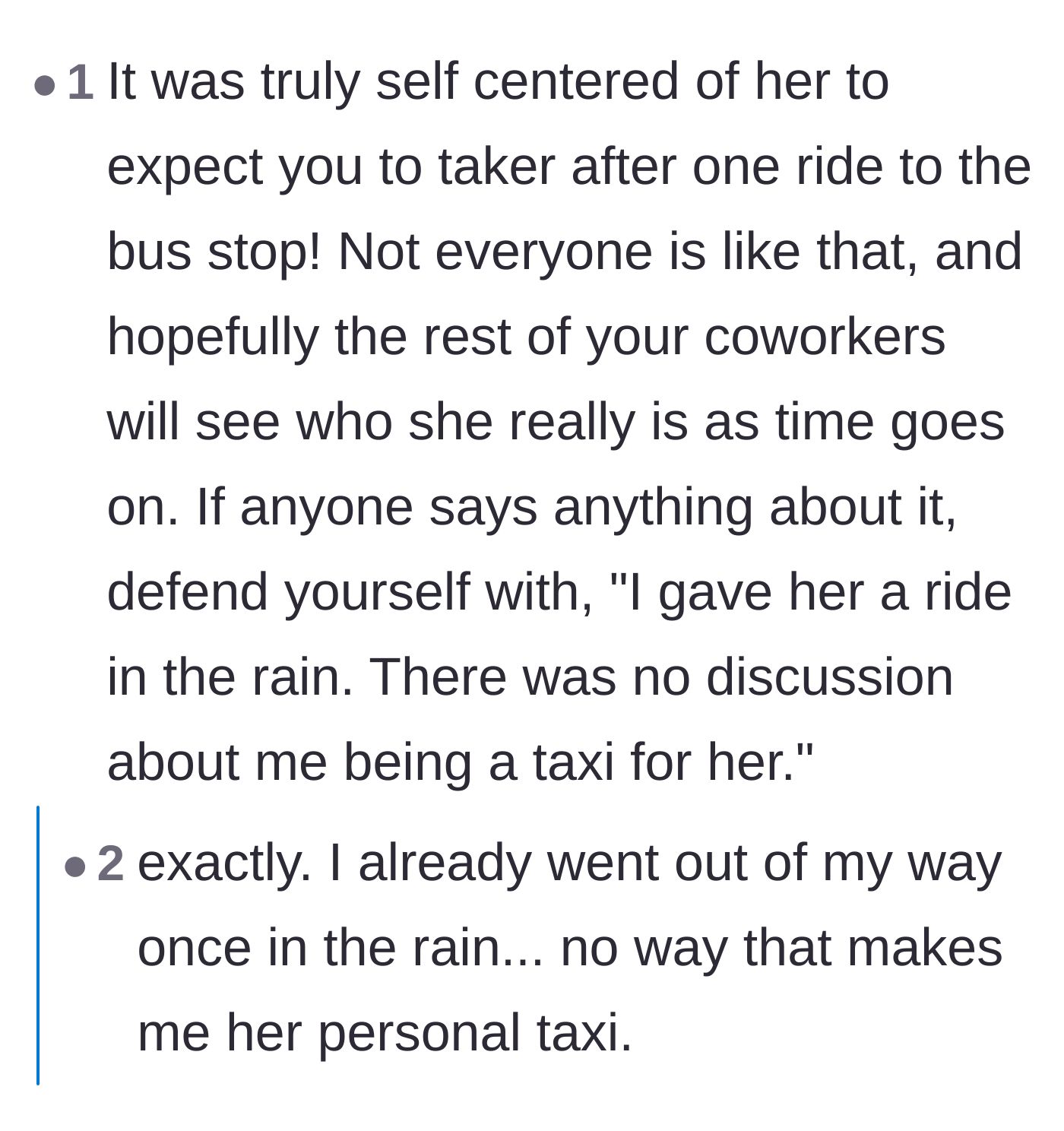Comment thread 4 - A simple script to shut down gossip by stating the facts of the single rainstorm ride.