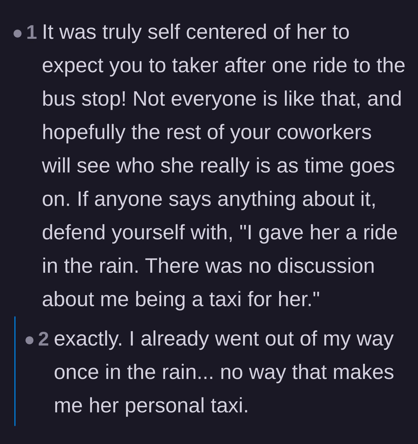 Comment thread 4 - A simple script to shut down gossip by stating the facts of the single rainstorm ride.