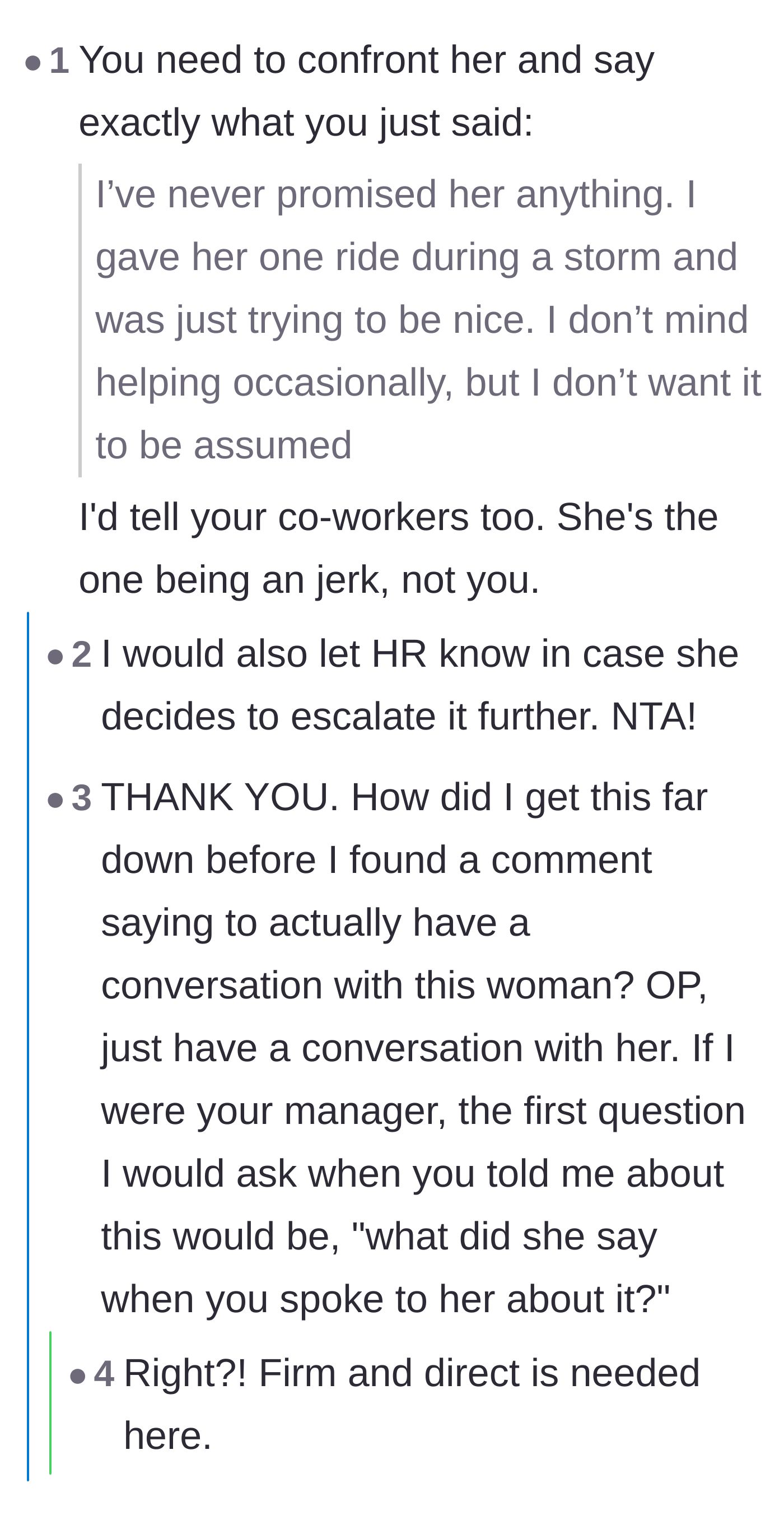 Comment thread 5 - Recommending a direct, firm conversation with the entitled coworker before escalating to management.