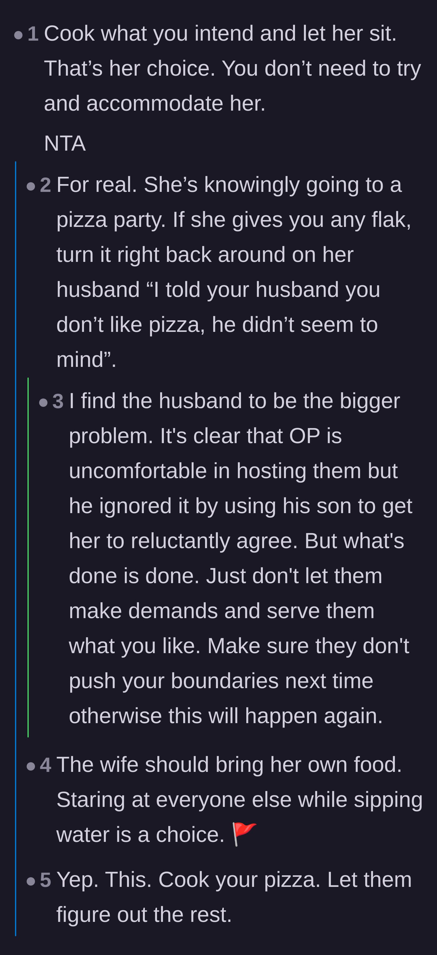 Comment thread 1 - Readers agree the host shouldn't cater to the picky wife and joke about throwing a bag of salad at her.