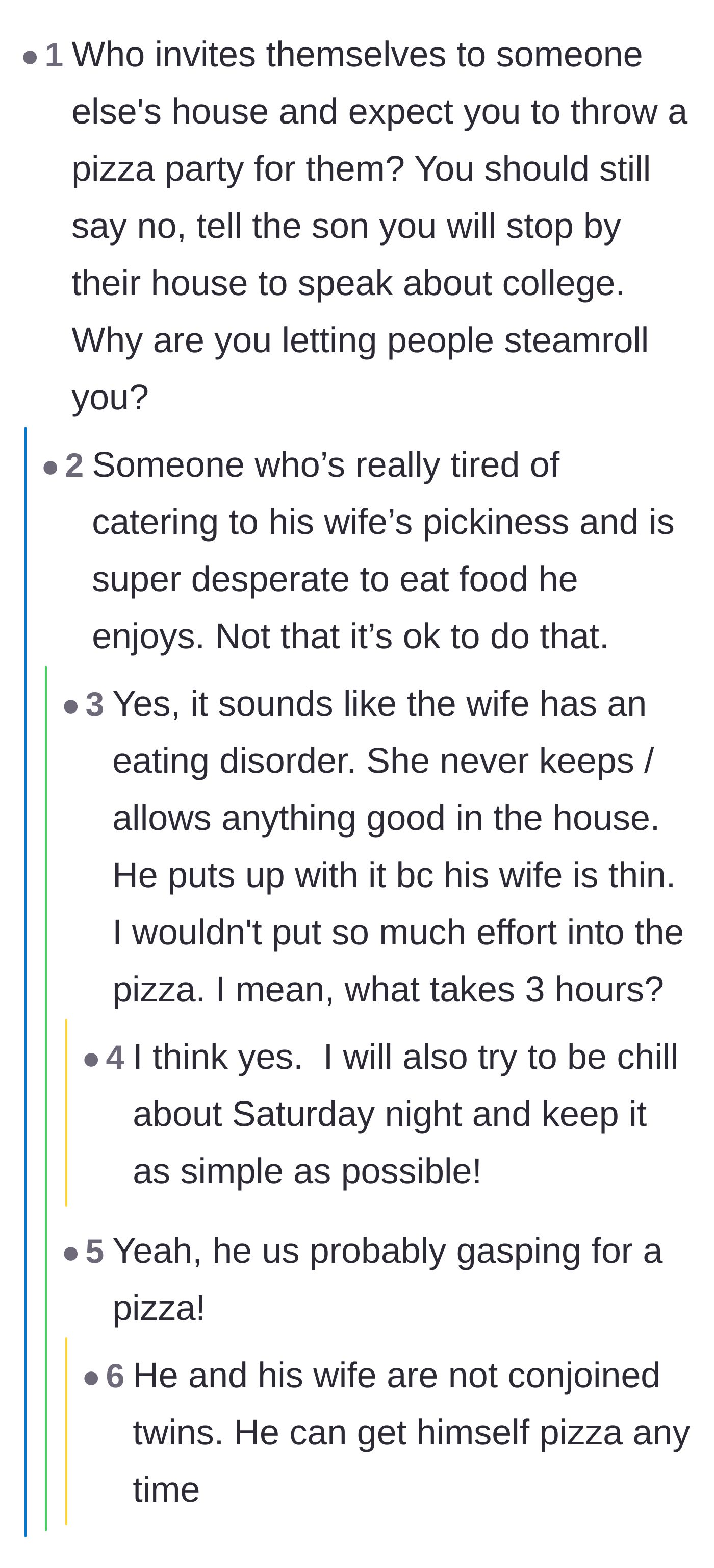 Comment thread 2 - Debating the dad's bizarre desperation for pizza and suggesting the host just order cheap delivery.