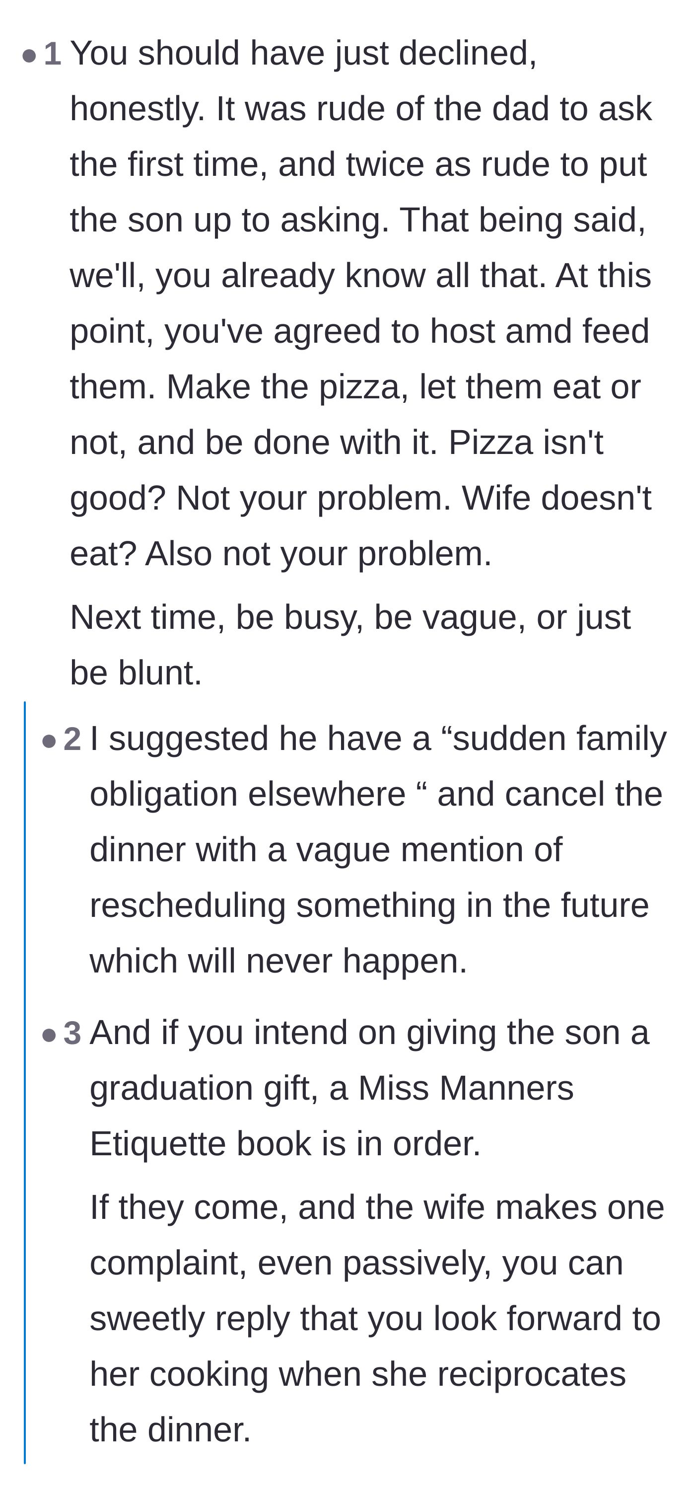 Comment thread 4 - Advice on simply saying no and joking about gifting the son an etiquette book.