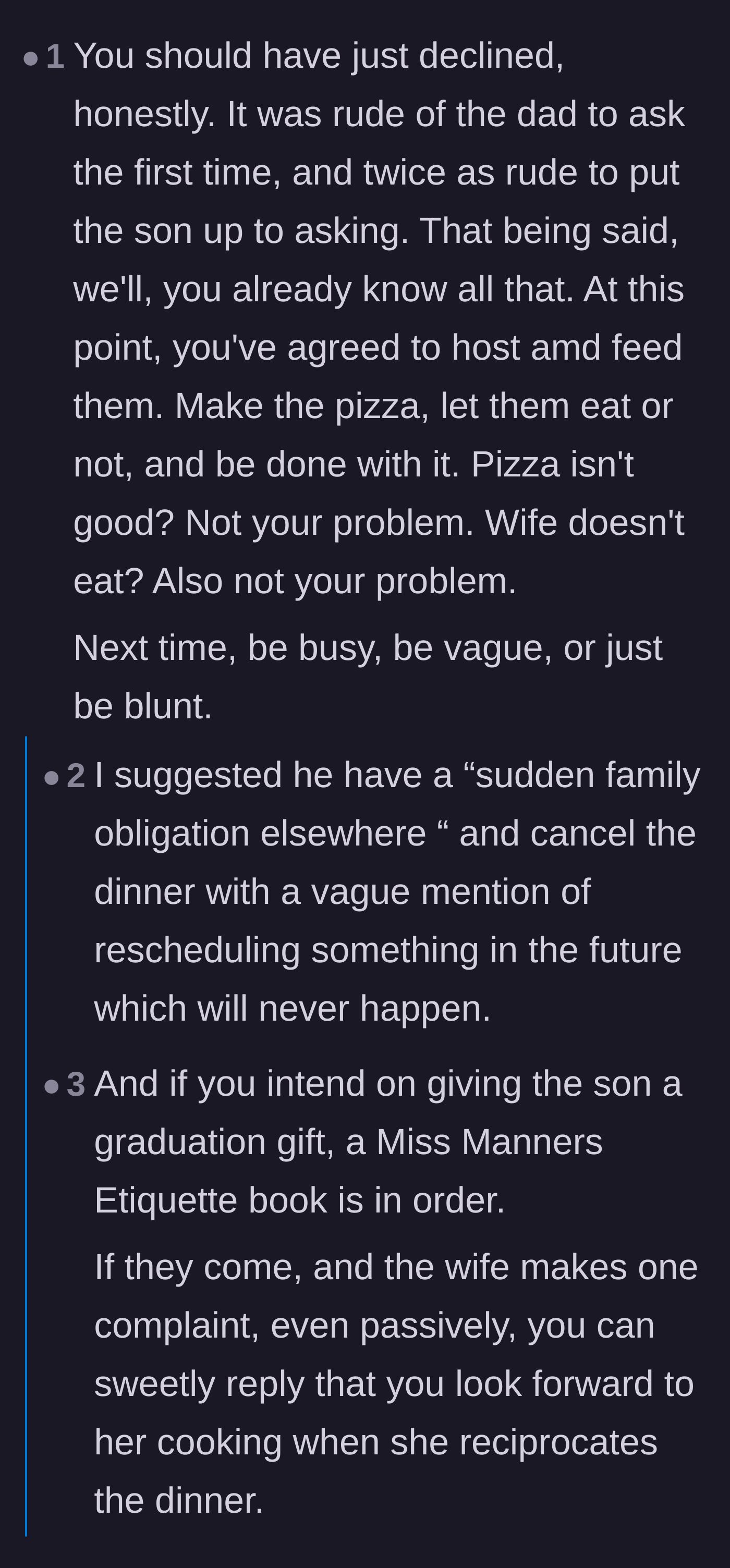 Comment thread 4 - Advice on simply saying no and joking about gifting the son an etiquette book.