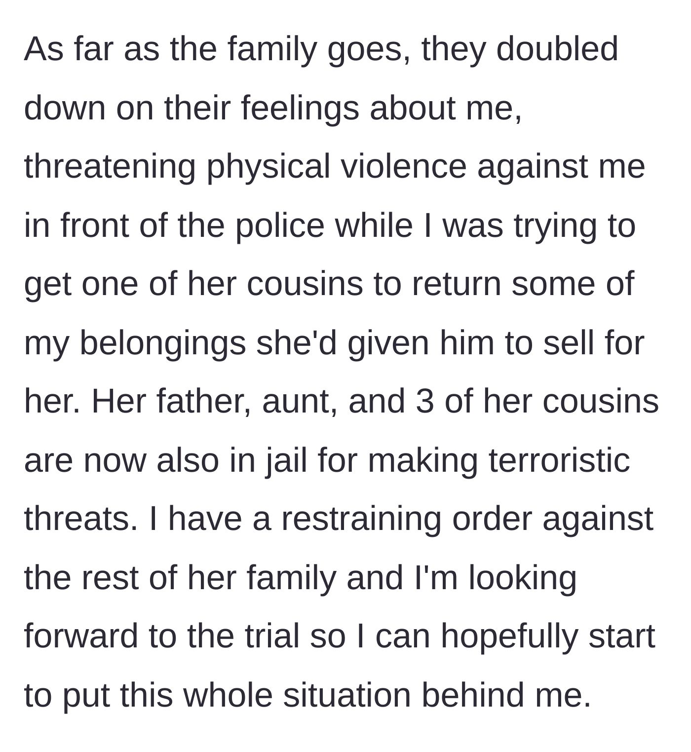 Story part 7 - The family threatens the author in front of the police, resulting in a mass arrest.