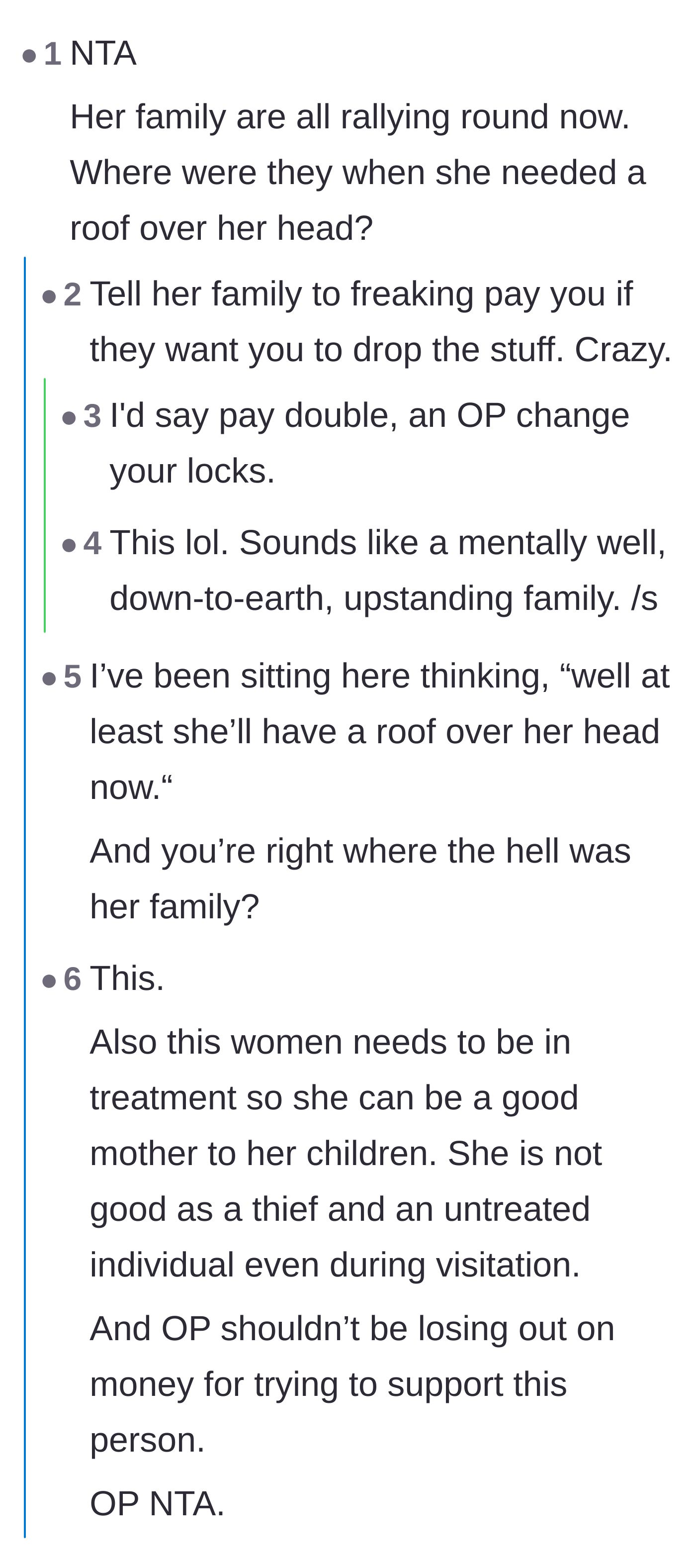 Comment thread 1 - Readers questioning the hypocritical absence of the family when the couch surfer needed housing.