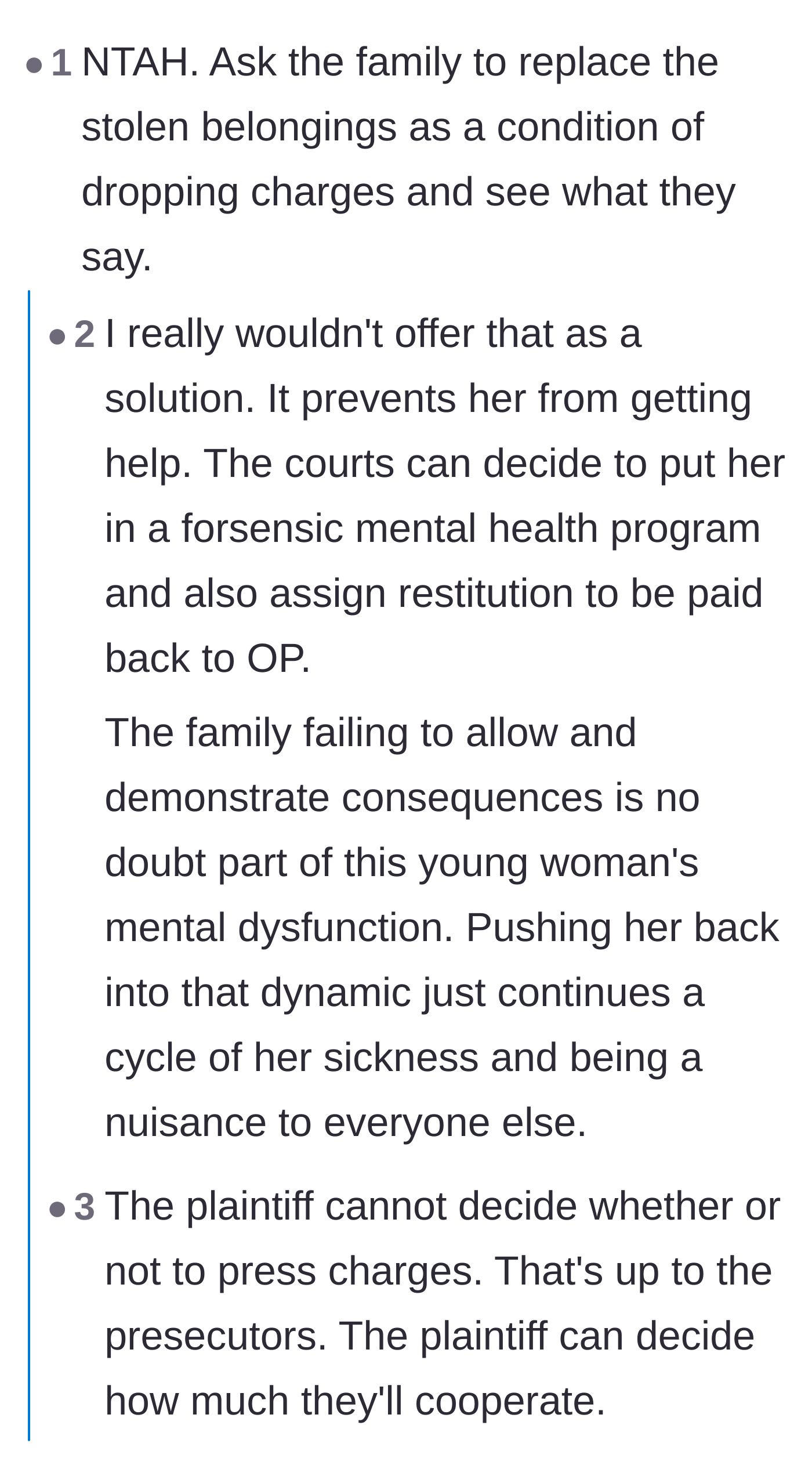 Comment thread 2 - Debate on whether demanding the family pay for the stolen goods is a viable solution.
