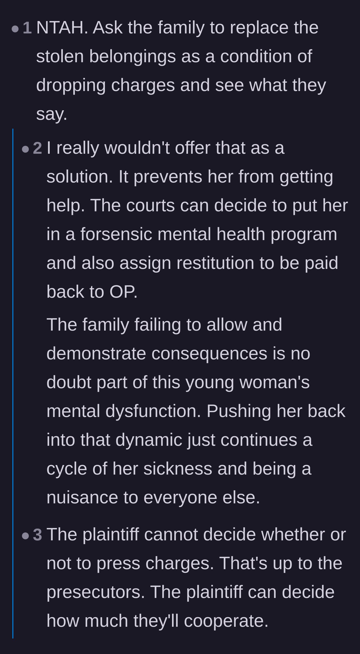 Comment thread 2 - Debate on whether demanding the family pay for the stolen goods is a viable solution.