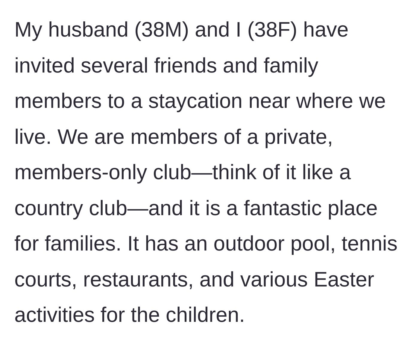Story part 1 - A couple planning a luxurious, kid-friendly Easter staycation at an exclusive private country club.