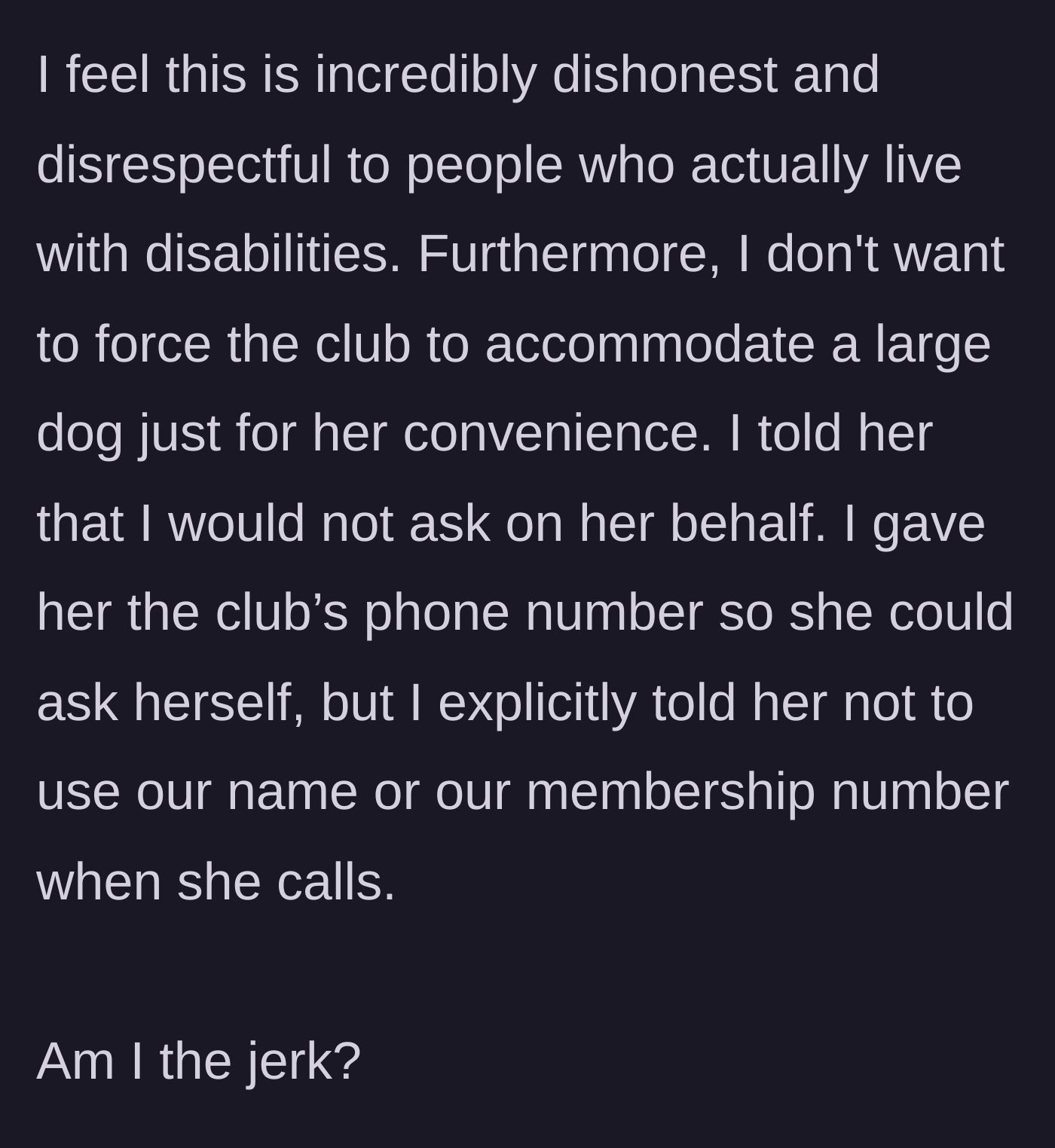 Story part 7 - A woman firmly putting her foot down, refusing to help her relative commit fraud at her private club.