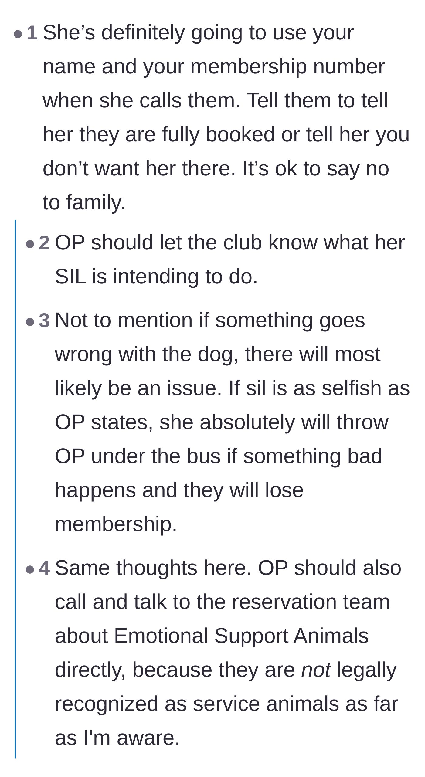 Comment thread 2 - Advice urging the host to warn the country club in advance so the sister-in-law doesn't ruin her membership.