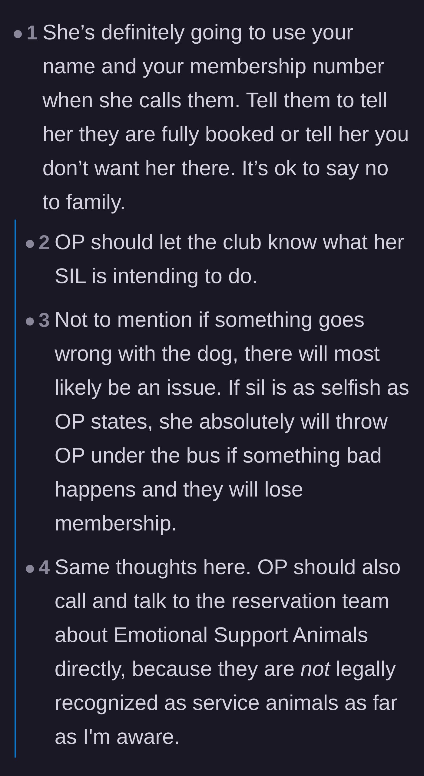 Comment thread 2 - Advice urging the host to warn the country club in advance so the sister-in-law doesn't ruin her membership.