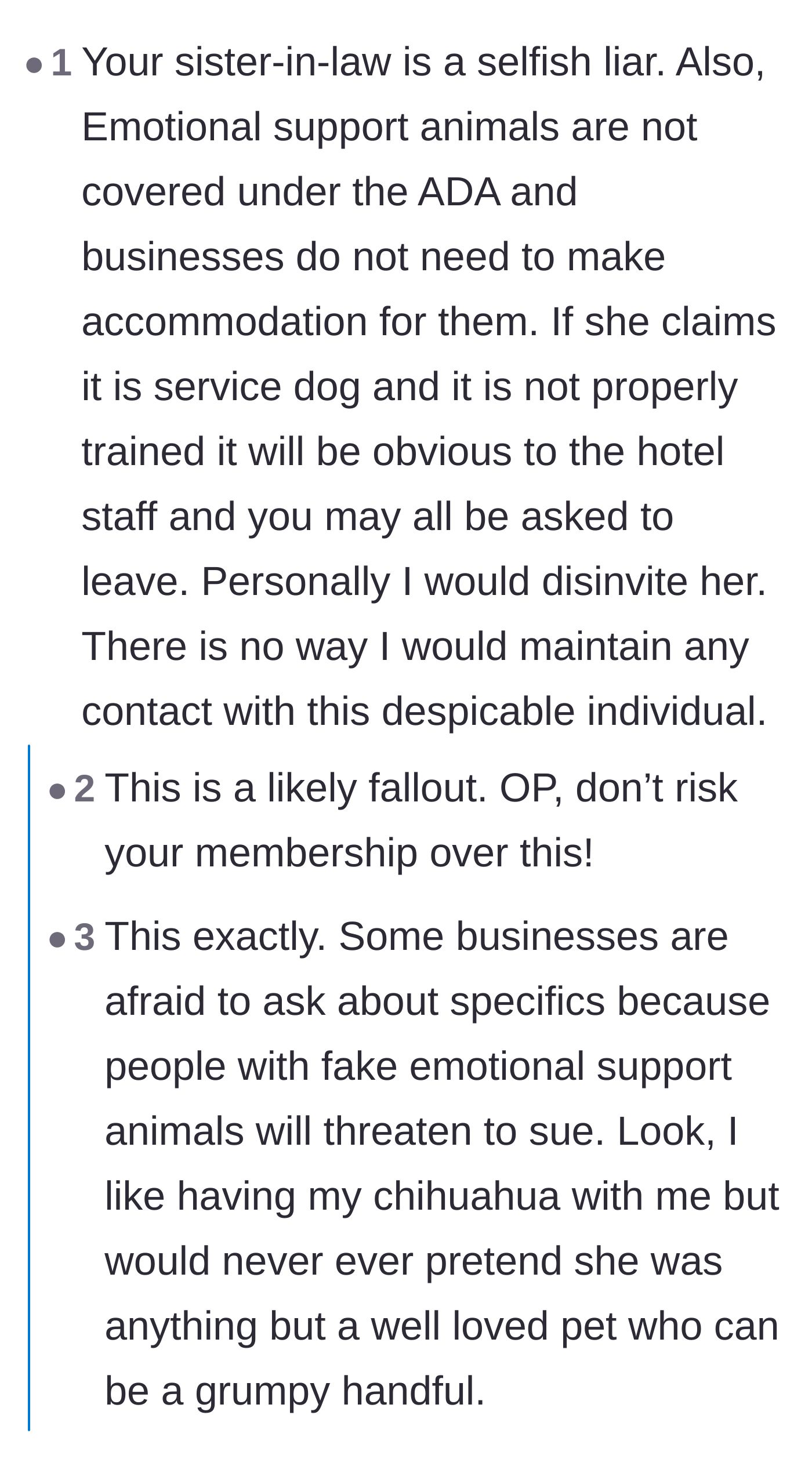 Comment thread 4 - Comments explaining that Emotional Support Animals are not covered by the ADA and businesses don't have to accommodate them.