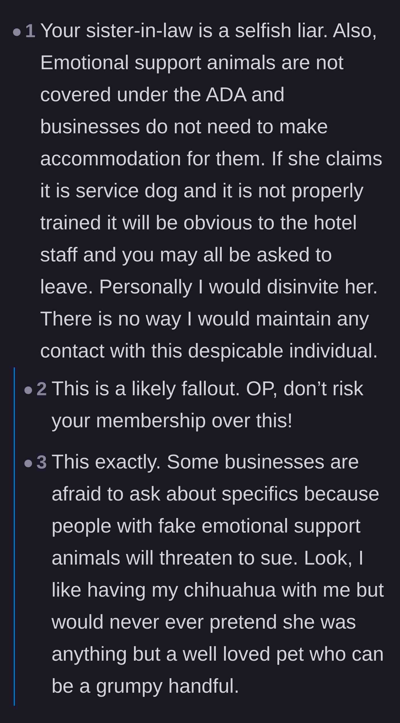 Comment thread 4 - Comments explaining that Emotional Support Animals are not covered by the ADA and businesses don't have to accommodate them.