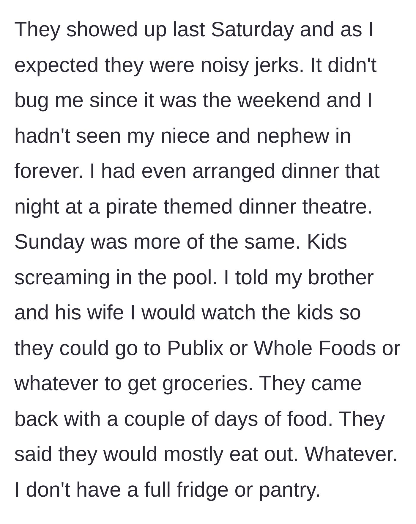 Story part 3 - The family arrives, gets loud, and ignores the grocery plan.