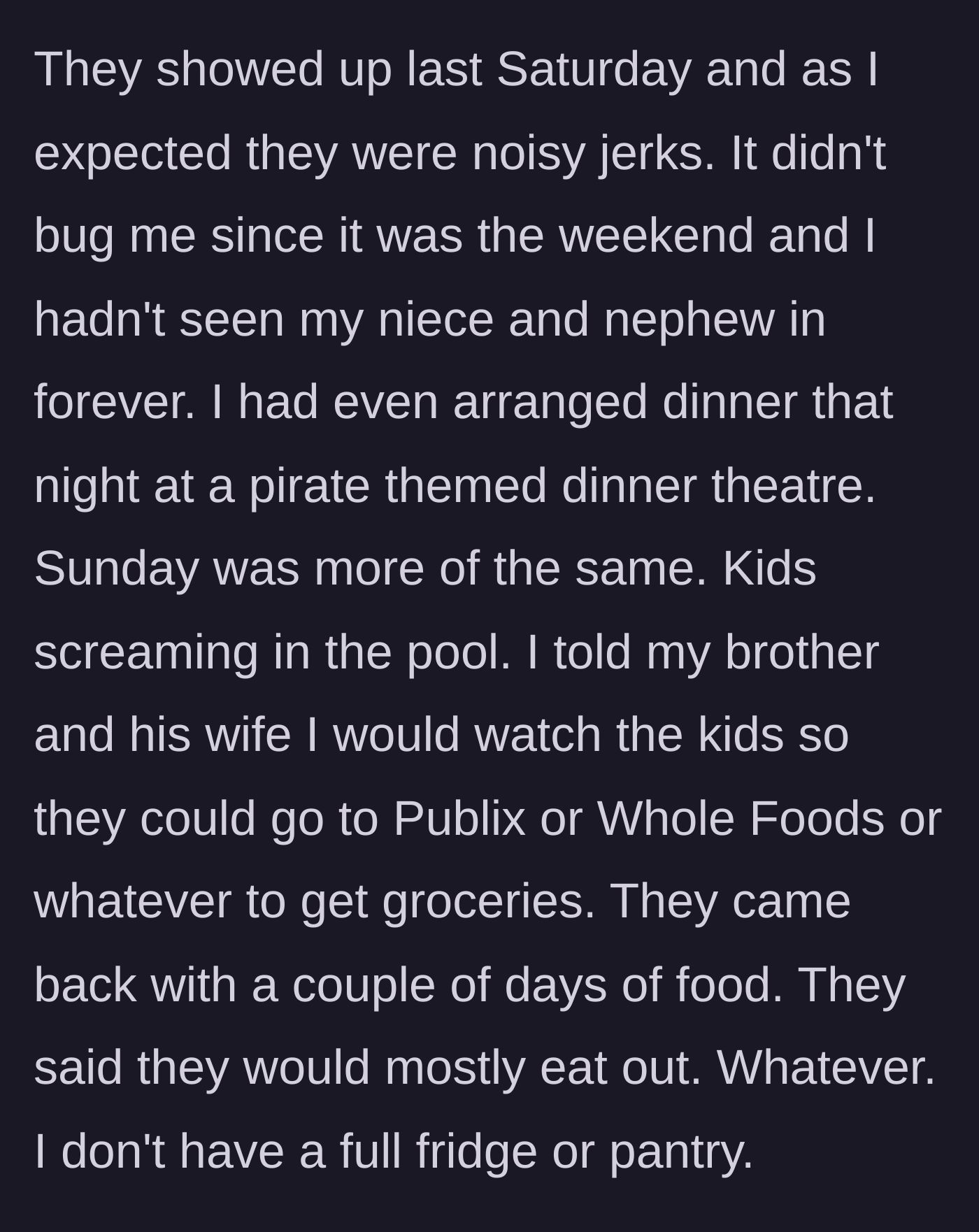 Story part 3 - The family arrives, gets loud, and ignores the grocery plan.
