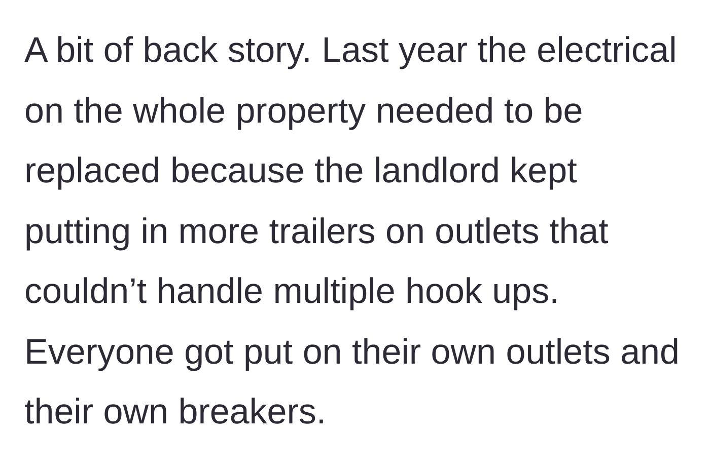 Story part 1 - Landlord updates property electrical systems, giving everyone separate breakers.