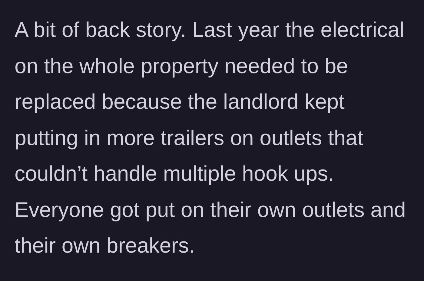 Story part 1 - Landlord updates property electrical systems, giving everyone separate breakers.