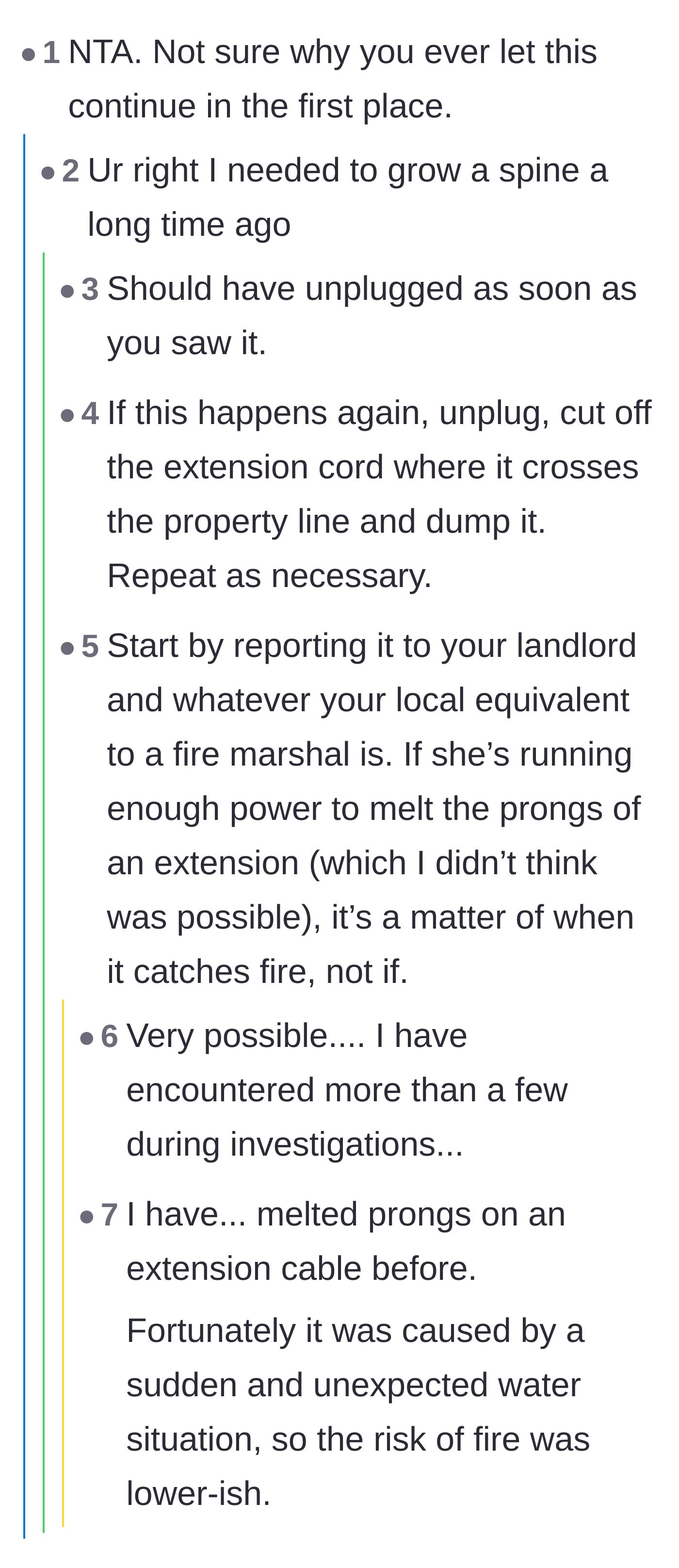 Comment thread 1 - Readers criticizing the main character's initial passivity and discussing the severe fire risks of overloaded extension cords.