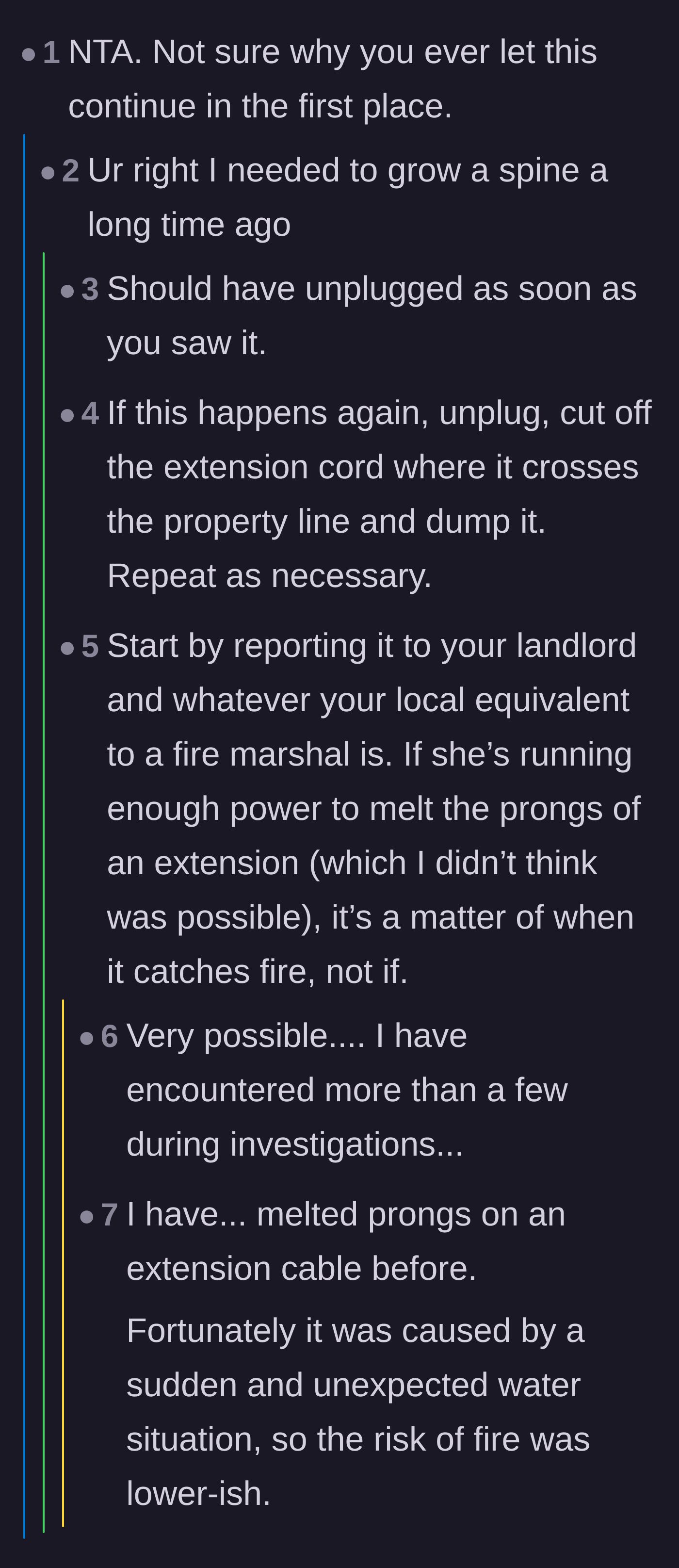 Comment thread 1 - Readers criticizing the main character's initial passivity and discussing the severe fire risks of overloaded extension cords.