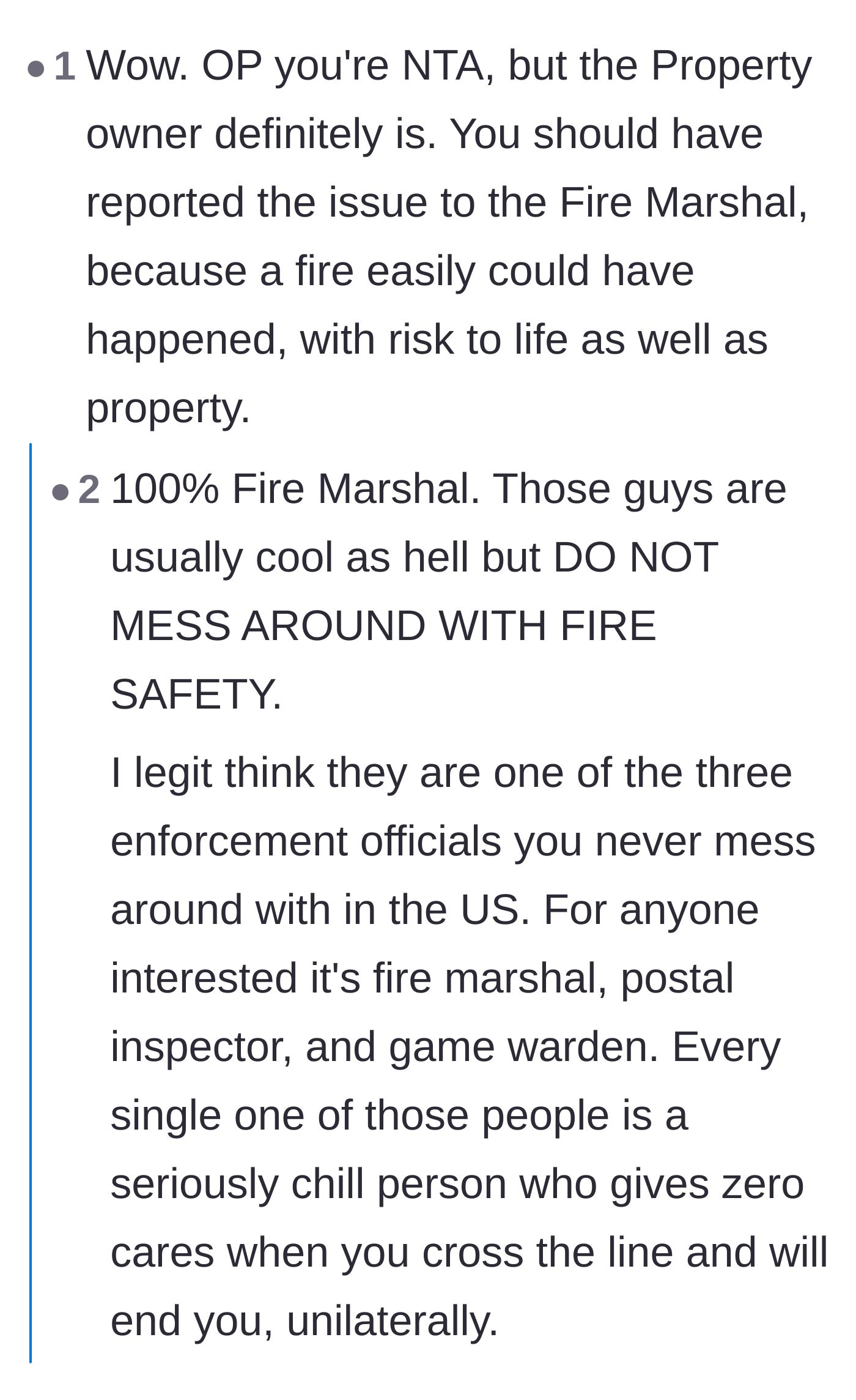 Comment thread 2 - A discussion on the landlord's baseline liability and the absolute authority of the fire marshal in unsafe housing conditions.