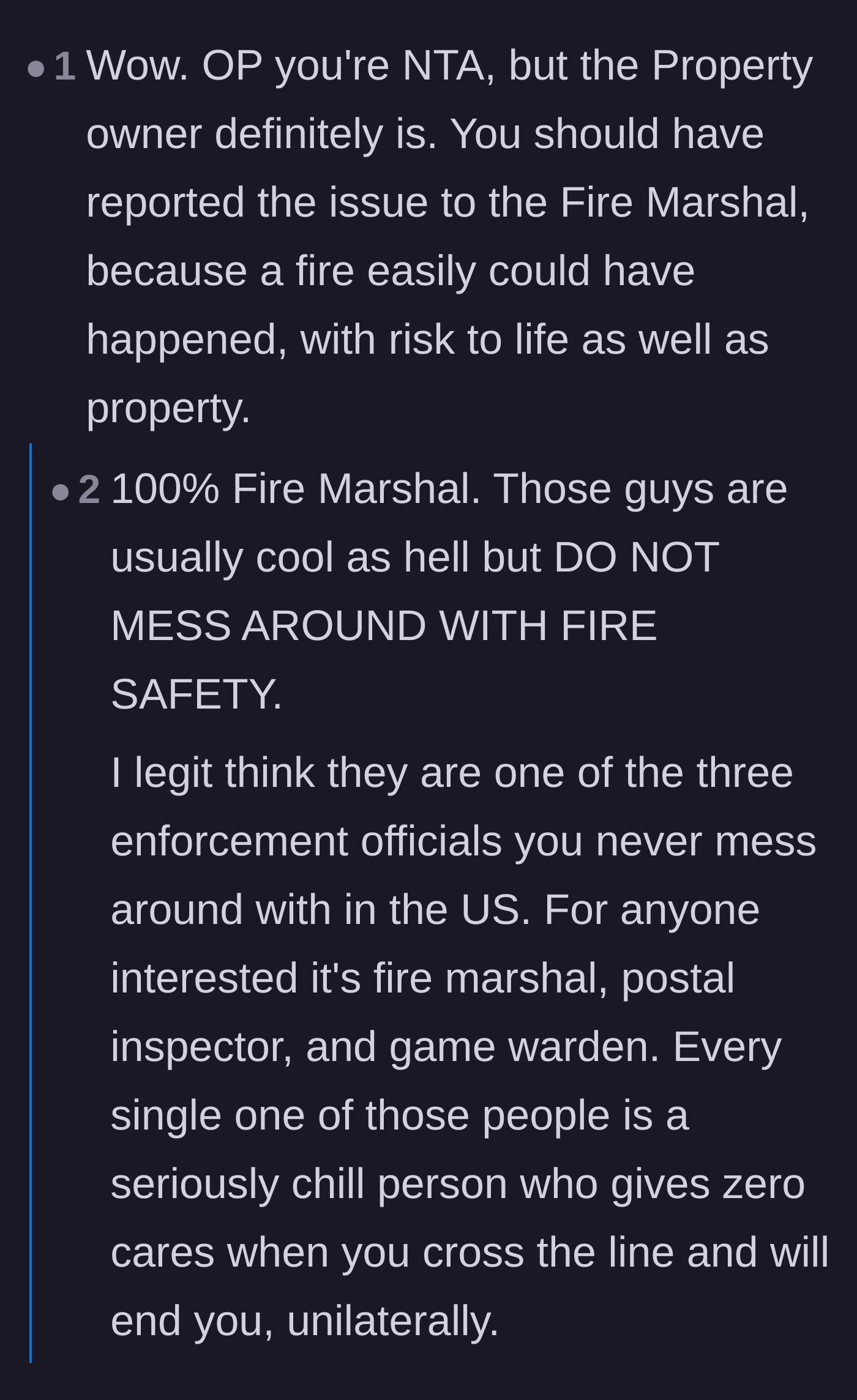 Comment thread 2 - A discussion on the landlord's baseline liability and the absolute authority of the fire marshal in unsafe housing conditions.