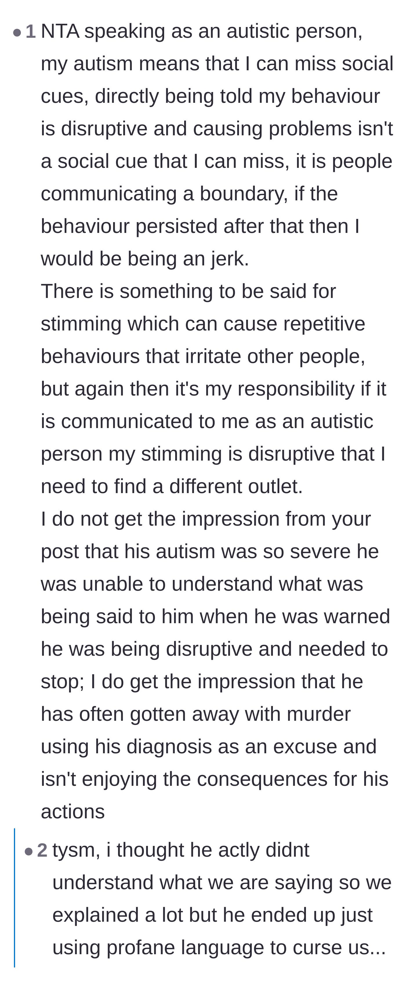 Comment thread 3 - An autistic commenter explains that while missing subtle cues is normal, ignoring a direct boundary is just weaponizing a diagnosis.