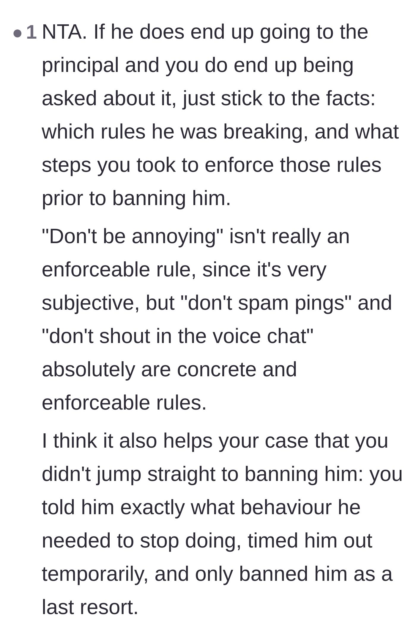 Comment thread 4 - Practical advice on how to handle the school principal by focusing on concrete rule-breaking rather than subjective annoyances.