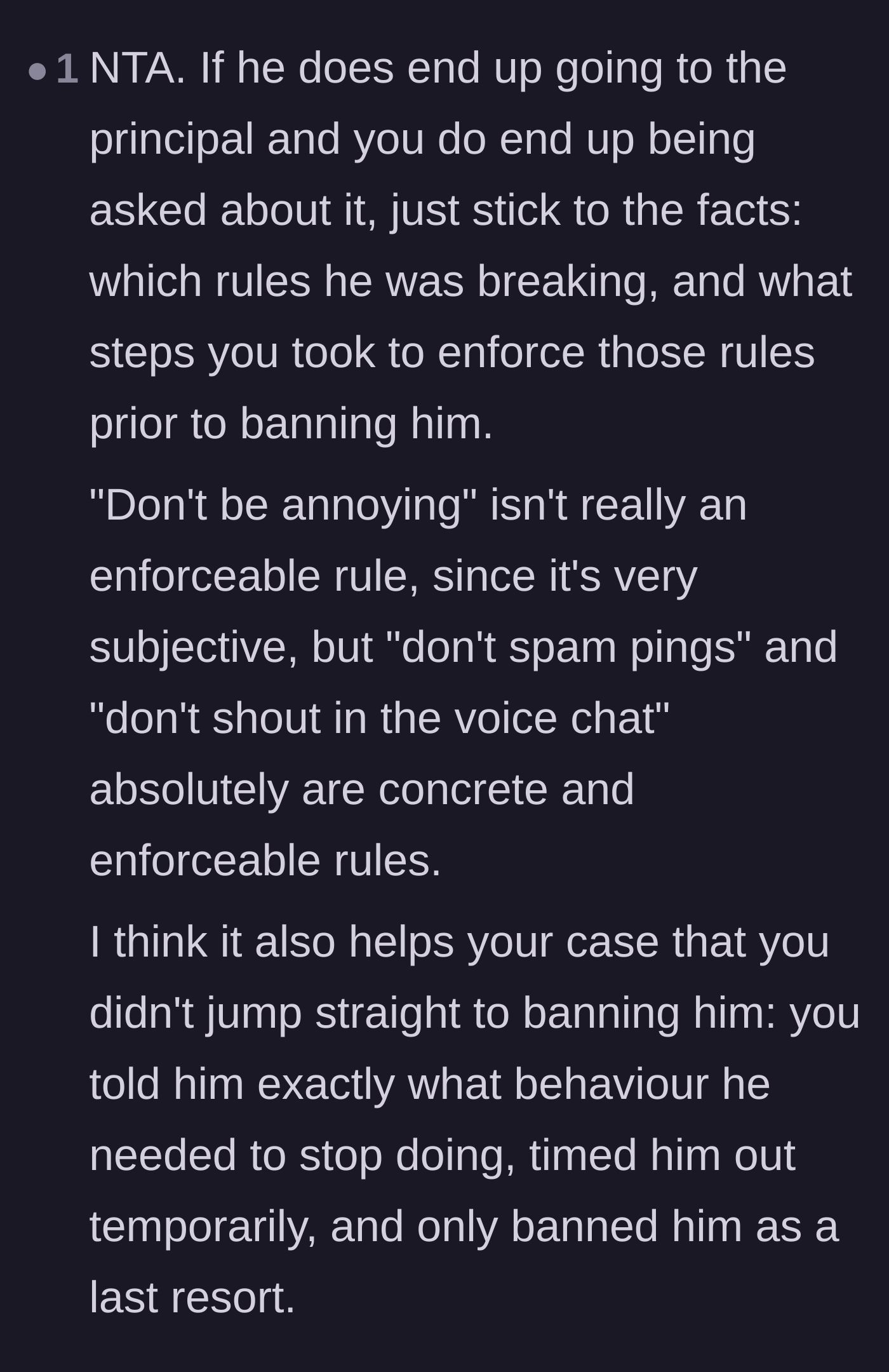 Comment thread 4 - Practical advice on how to handle the school principal by focusing on concrete rule-breaking rather than subjective annoyances.