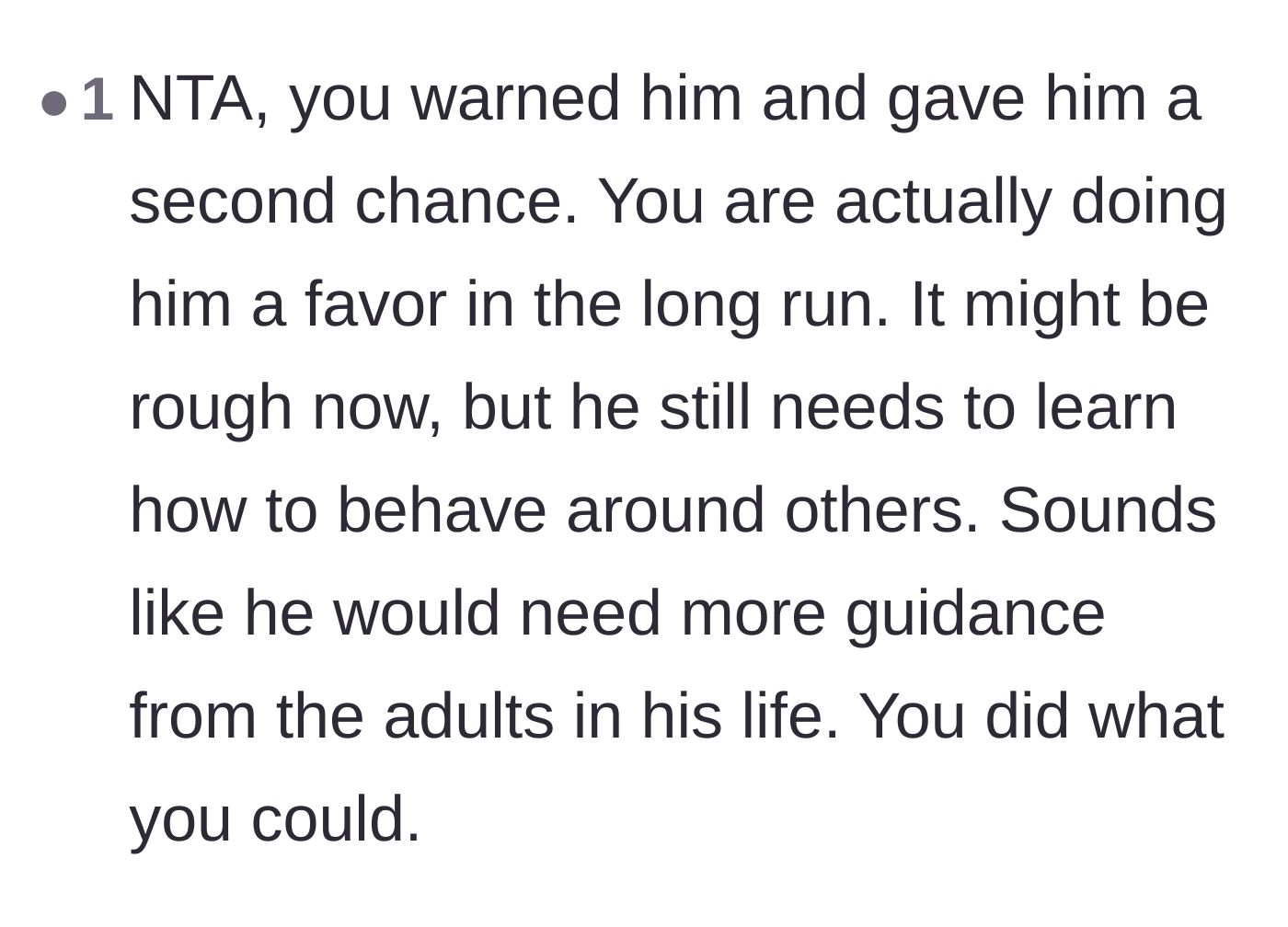 Comment thread 5 - A commenter points out that banning Jonathan is actually doing him a favor by teaching him a necessary life lesson about consequences.