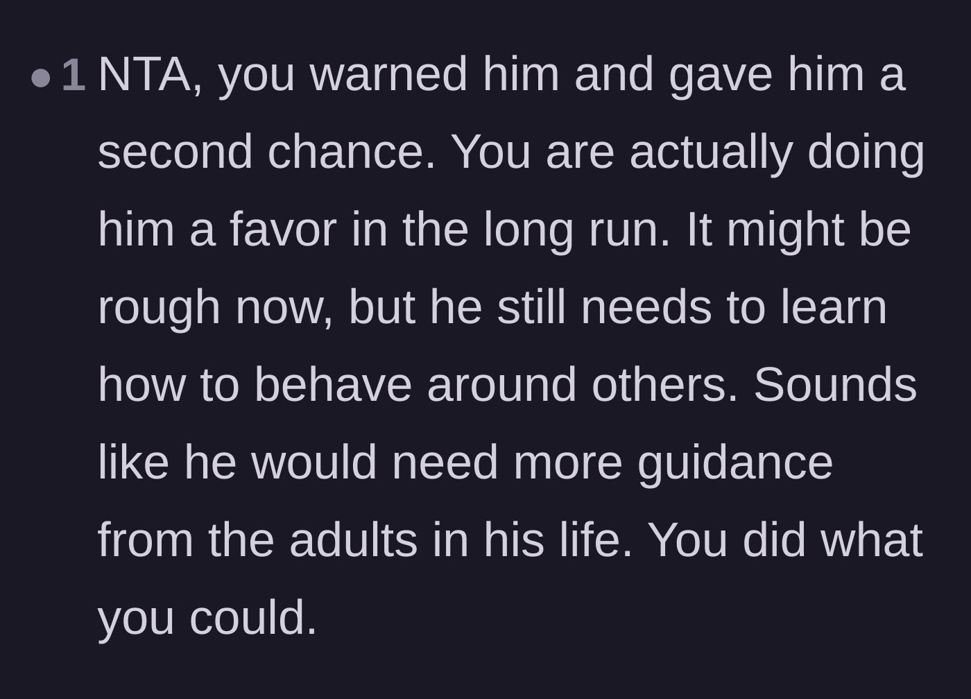 Comment thread 5 - A commenter points out that banning Jonathan is actually doing him a favor by teaching him a necessary life lesson about consequences.