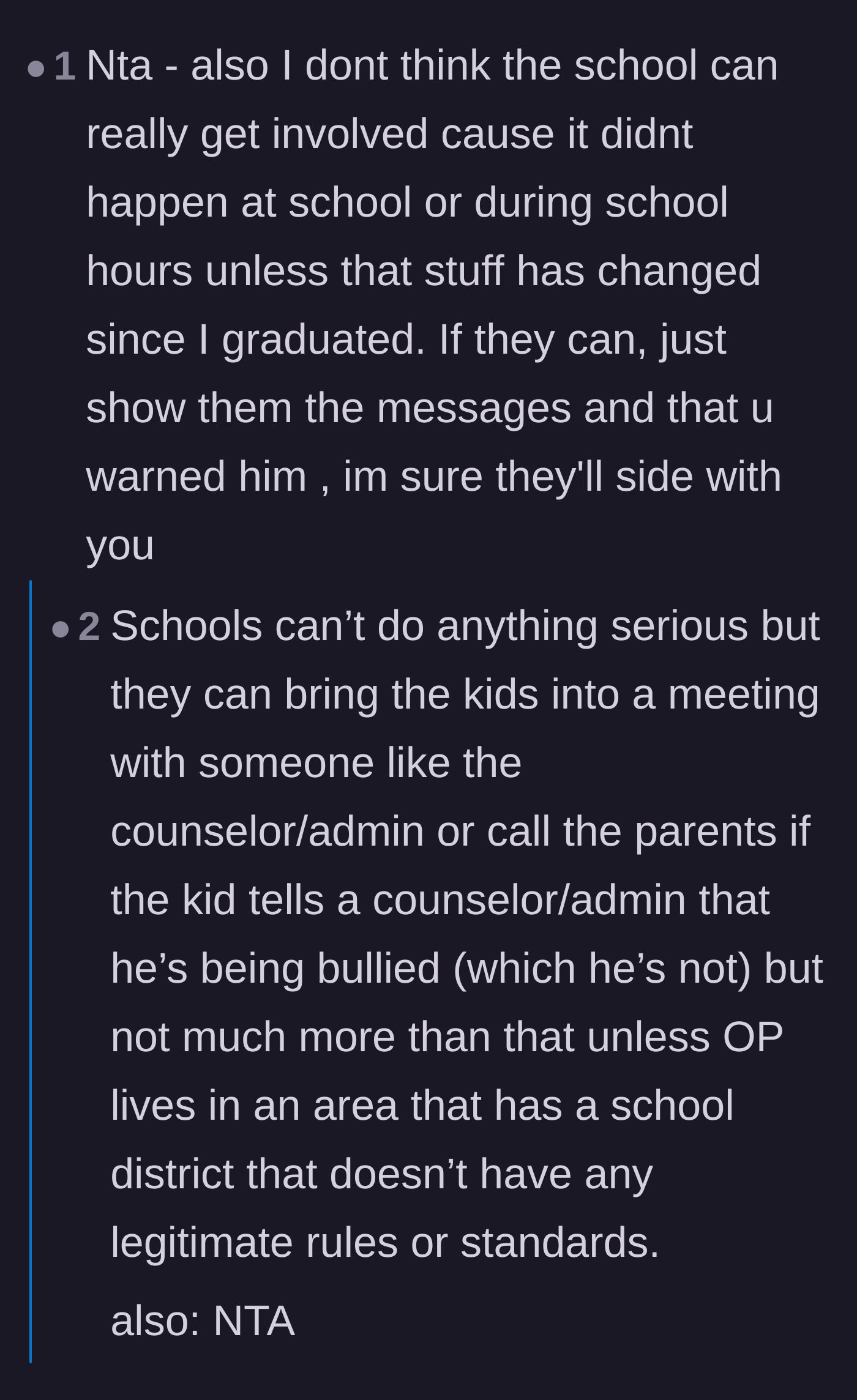 Comment thread 6 - A discussion debunking the threat of the principal, noting that schools rarely have jurisdiction over off-campus private gaming servers.