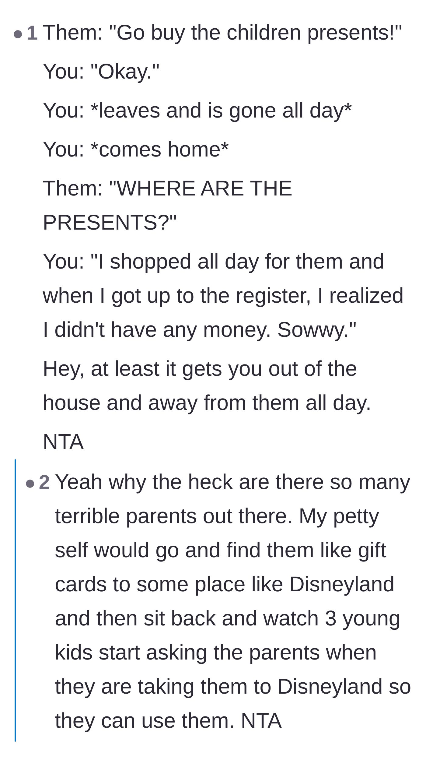 Comment thread 4 - A funny script suggesting the teen pretend to shop all day only to return empty-handed.