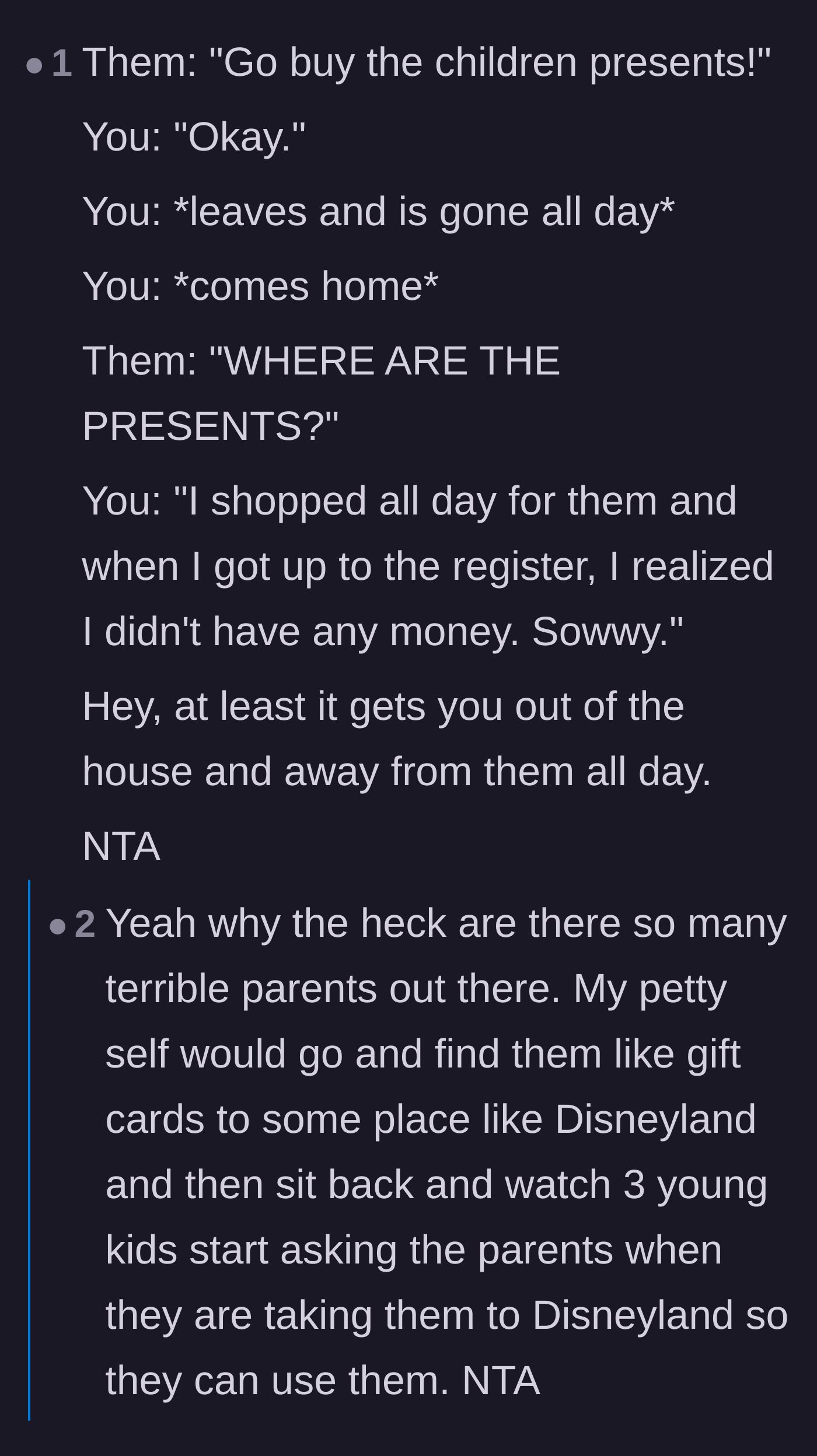 Comment thread 4 - A funny script suggesting the teen pretend to shop all day only to return empty-handed.