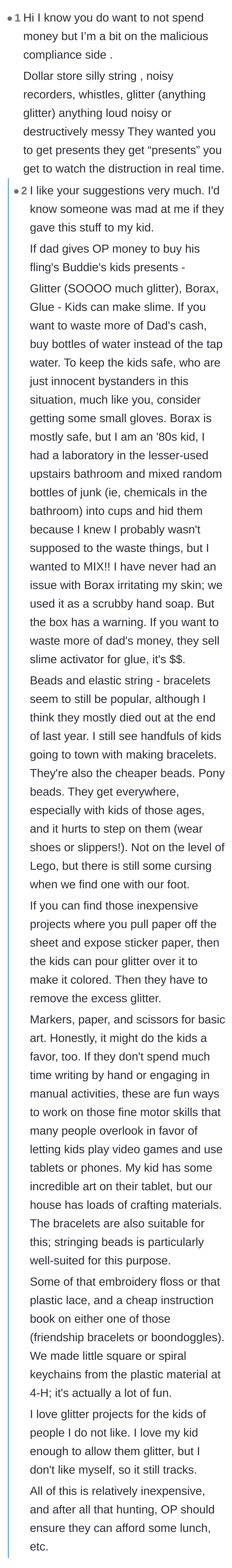 Comment thread 6 - Mischievous ideas to buy messy or noisy toys like glitter and slime with the dad's money.