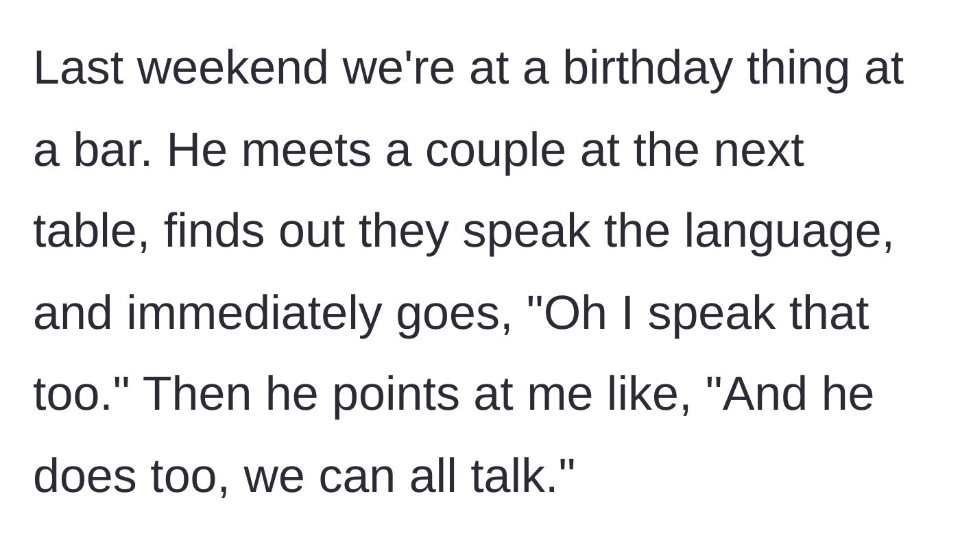 Story part 4 - Jake bragging to a couple at a bar about speaking their language and actively pulling the main character into the lie.