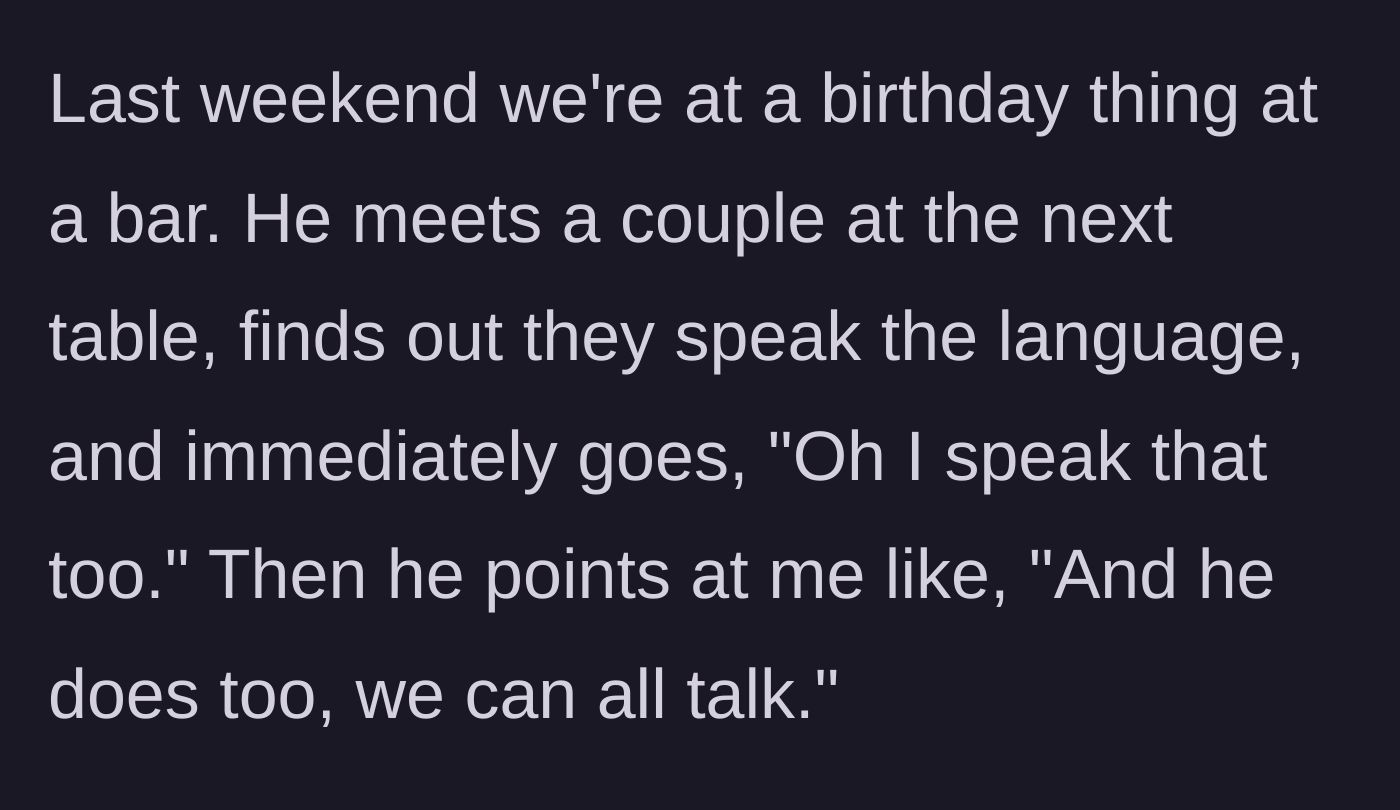 Story part 4 - Jake bragging to a couple at a bar about speaking their language and actively pulling the main character into the lie.