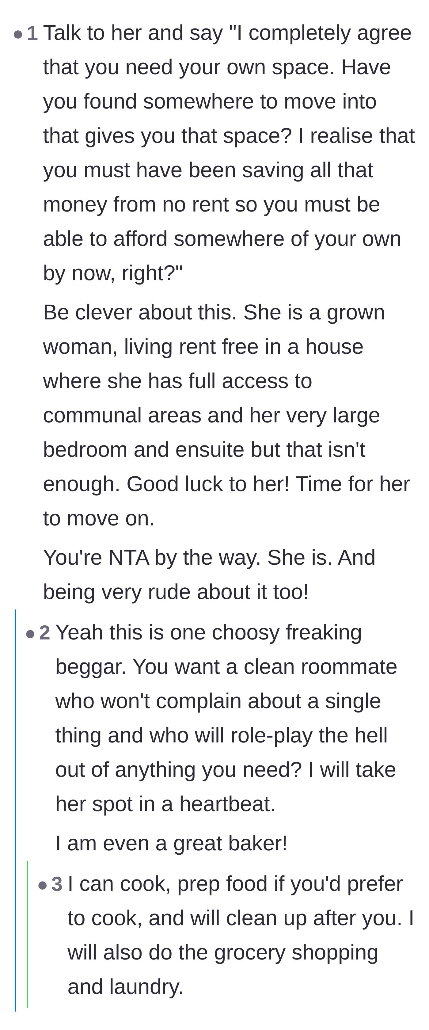 Comment thread 2 - Commenters mock the roommate's behavior as a 'choosy beggar' and playfully offer to take her place, promising to do chores for free rent.