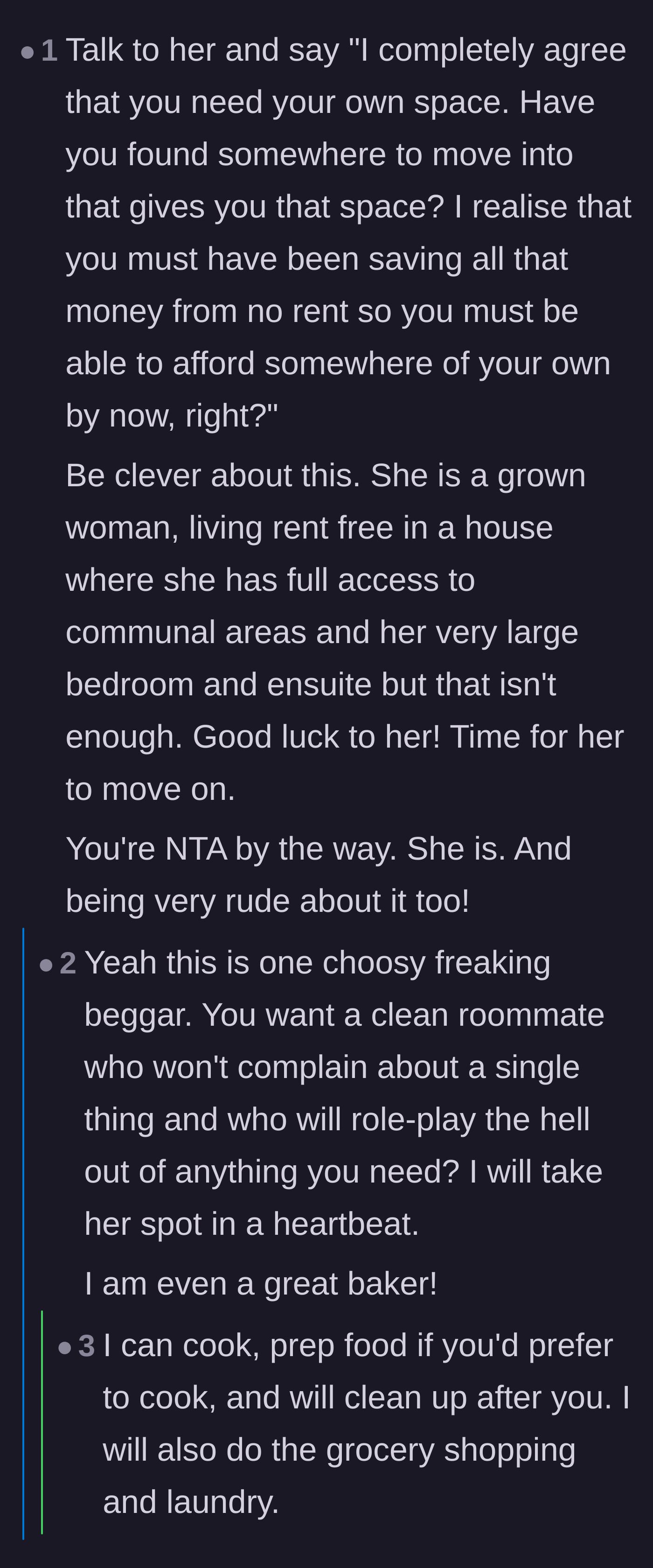 Comment thread 2 - Commenters mock the roommate's behavior as a 'choosy beggar' and playfully offer to take her place, promising to do chores for free rent.